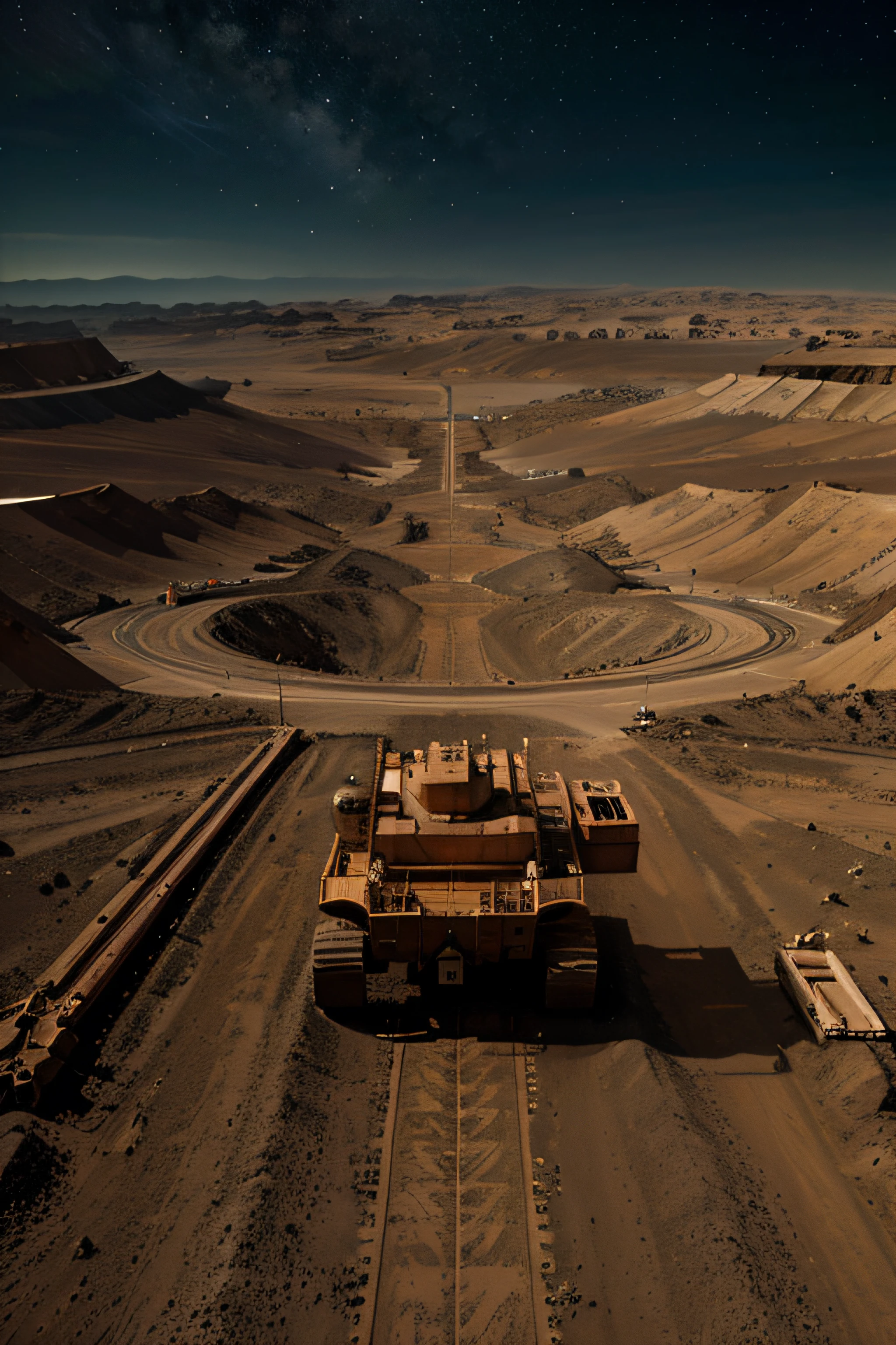 On Mars, a huge, cutting-edge mining excavation machine is at work. Metallic luster texture, mineral conveyor belt, and mining personnel are distributed on the Martian ground. Bright picture, different machines, starry sky, daytime, digging into large mechanical details, super wide angle, bird's eye view, high realism, light and dark