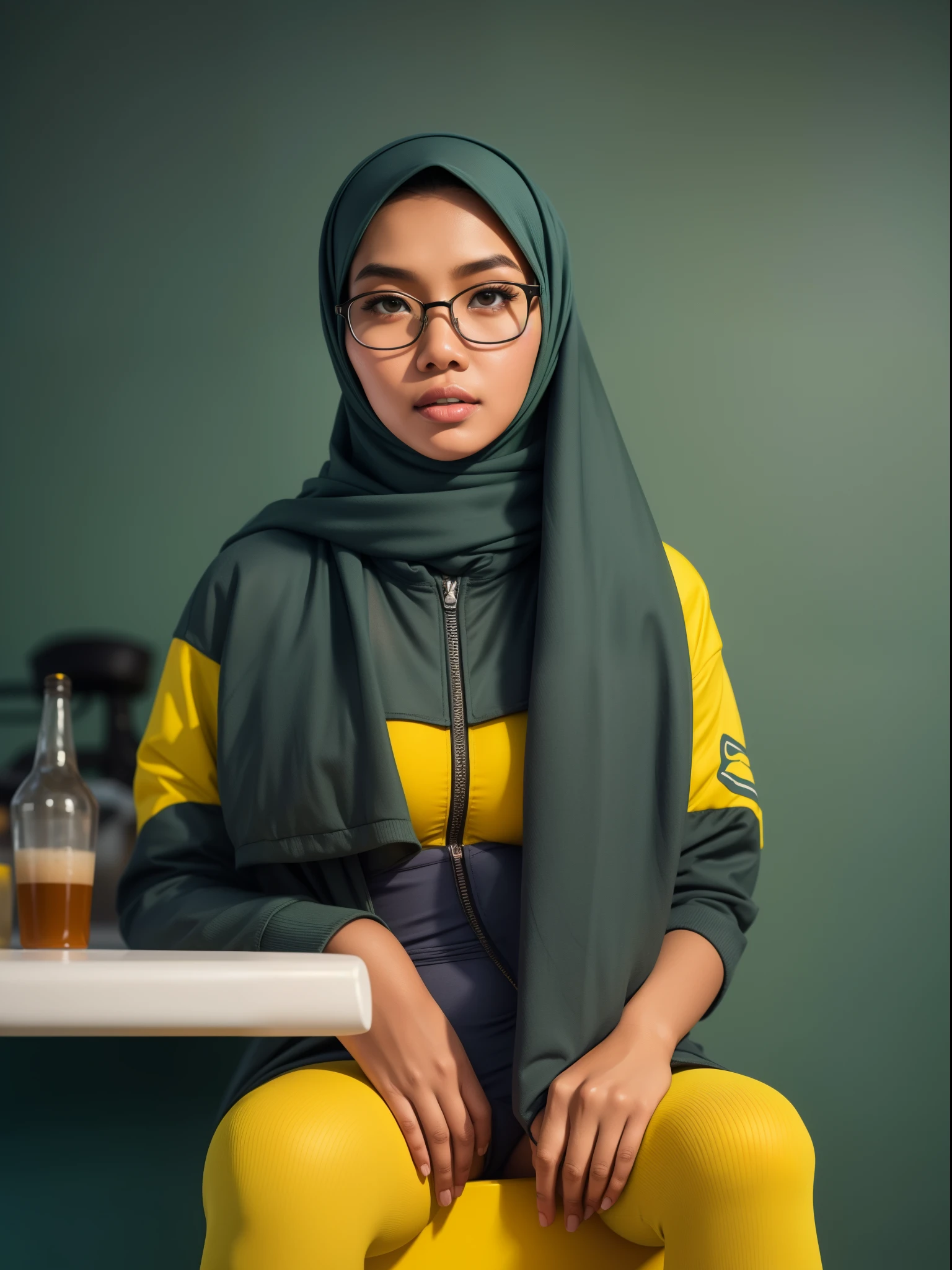 Malay woman in a dark green bra and panties in front of a yellow background seating on a bar stool, glasses, hijab, white sneakers, high to knee socks,  full body photography, photo of young malay woman, full shot portrait, in yellow background, extreme close up shot, ultra detail, pastel color grading,