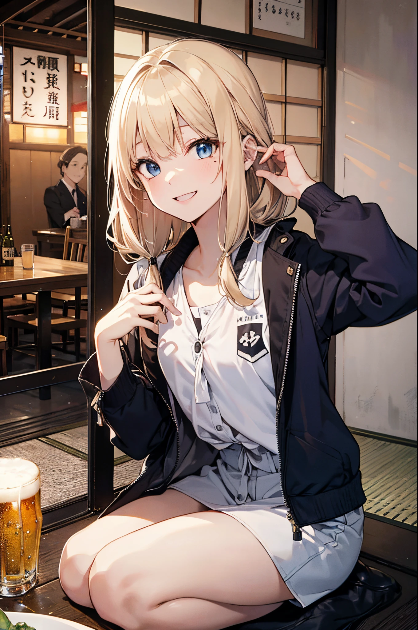 (Girl with a nasty appearance:1.3)、(Daytime:1.5)、(and chest:1.4)、Raw photography, top-quality, hight resolution, (masterpiece), (Photorealsitic:1.4), (Mole under the eyes),Anime Cosplay, foco nítido, nffsw, 8K分辨率, intricate detailes, depth of fields, the Extremely Detailed CG Unity 8K Wallpapers, front lit, femele,25-years old、 Happy face,(tying hair:1.5)、see -through、(Medium Gold Hair)、blue eyess,(Izakaya:1.5)、(jaket:1.3)、(Full body depiction)、(drink sparkling beer)、End of work、launch、Smiling smile、great laughter、Cheers Pose、Arms raised、feast、Parti