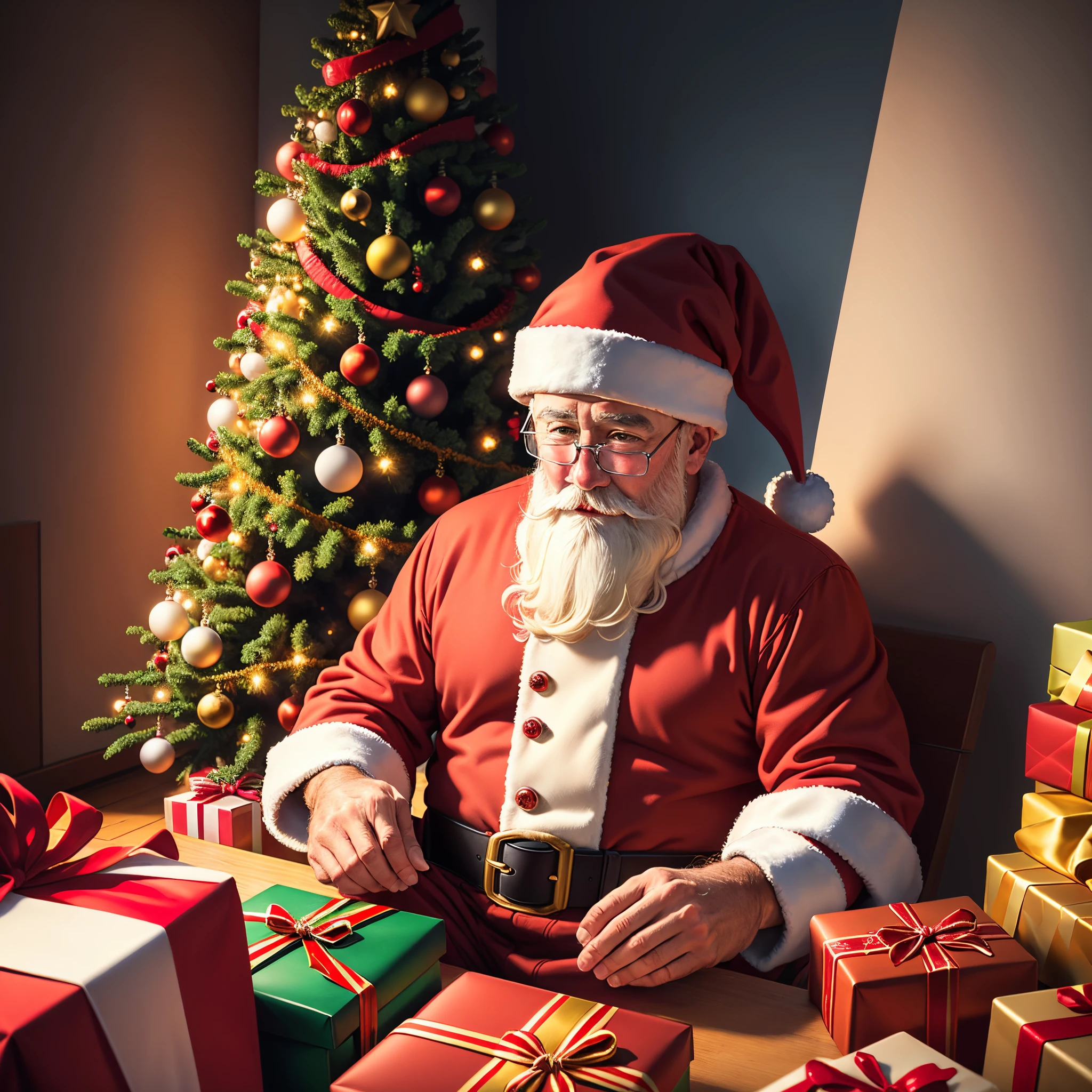 Santa claus give gifts to good children by chrismas tree