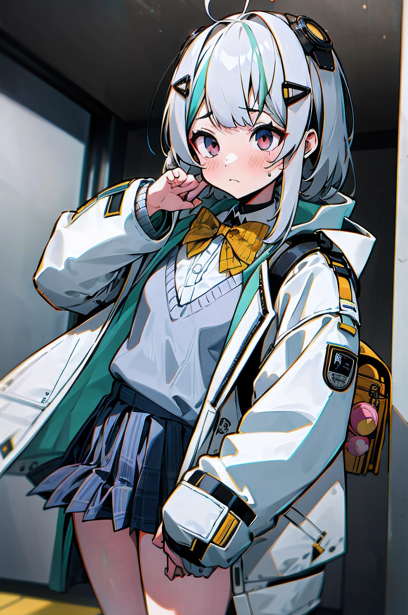 1girl in, masutepiece, Best Quality,selfee,Troubled face,Nikkeadomi, Standing, Solo, Pleated skirt, white longcoat, Plaid, Hair Ornament, bowtie, Sweater Vest, blush, White jacket, grey sweater, yellow bowtie, Small breasts, backpack, White socks, Long sleeves,