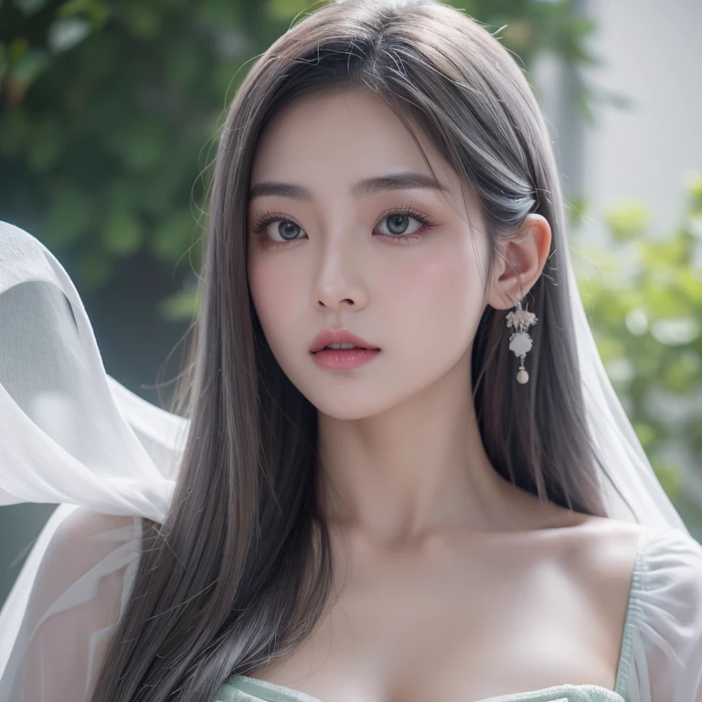 Chinese Ancient Times，Chinese woman，ghost bride，big and plump breasts，Red element，pretty  face，Looking haggard and pale，Fashion model 25 years old with resentful eyes [[[[Close-up cleavage]]]], [[[[climaxing]]]], [[[[Cole]]]], [[[[bshoulder]]]], perfect  eyes, Perfect iris，perfect lips，perfect teeth，Perfect Skin，long face，soft front lighting，HighDynamicRange，Movie Girl，Long gray hair，Lilac period clothing，Gentle green period clothing，white period clothing，（pastel colour：1.2）
