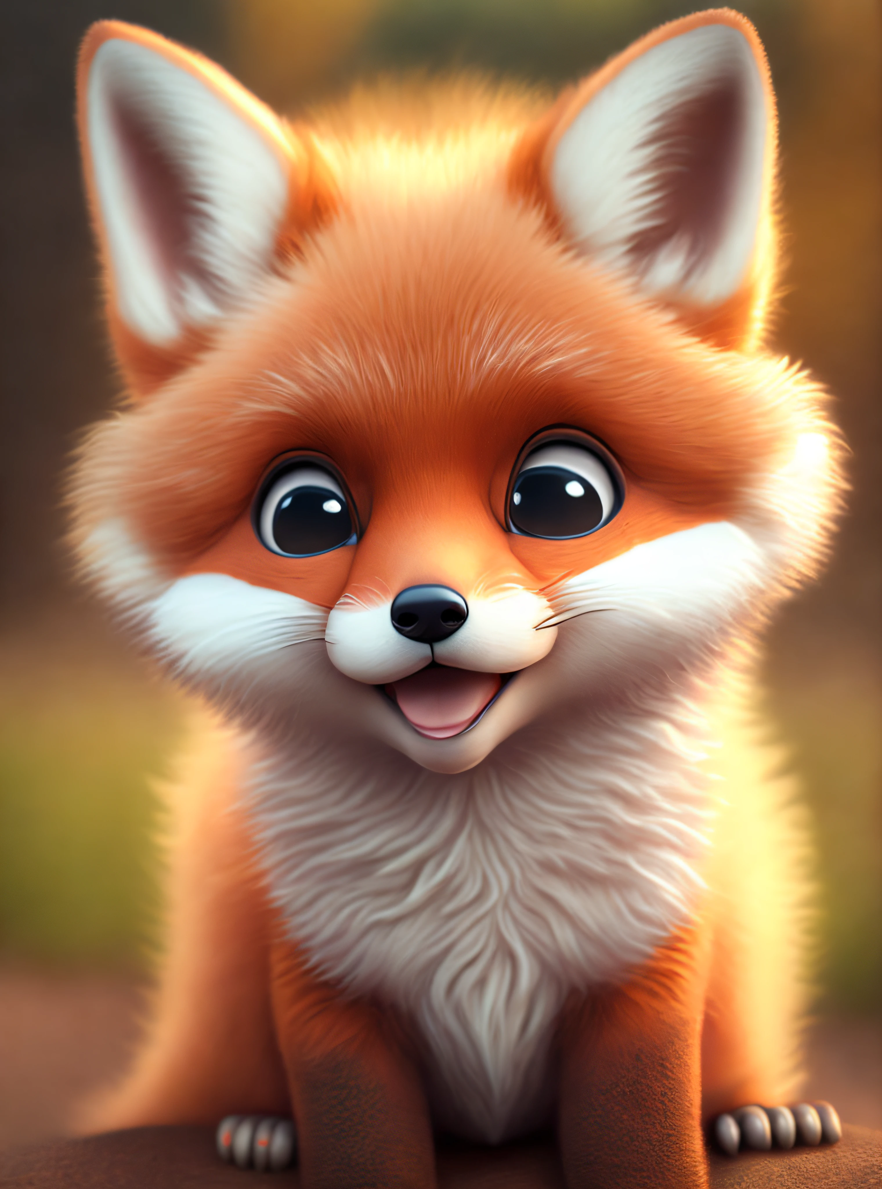 one happy cute fox, portrait, outdoors, background space, toon, pixar style, 3d, cartoon, detailed face, asymmetric, upper body