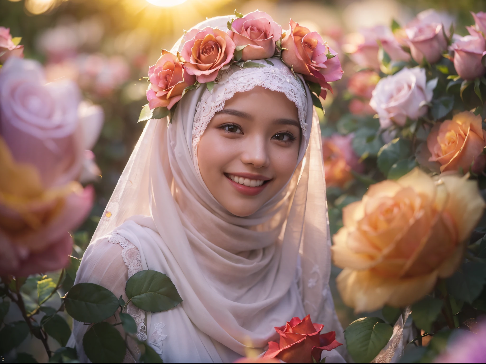 ((((Depth of field))),((((Sunset backlit),((Slim body)))),malay girl with very long white hijab, 20 years old, twilight rays, modest lace wedding dress, flower crown, (((Rose tunnel))), rose front blur, bokeh, photorealistic, surrounded by colorful roses, ((smiling)))))), (mouth closed)))),(1 malay girl in hijab), ( Sunset:1.3), (8k, RAW photography, best quality, masterpiece:1.2), (realistic, photorealistic:1.37), best quality, ultra high resolution,(standing in a flower garden:1.3), (vivid and colorful:1.3), bokeh, extreme close up shot, ultra detail, pastel color grading,