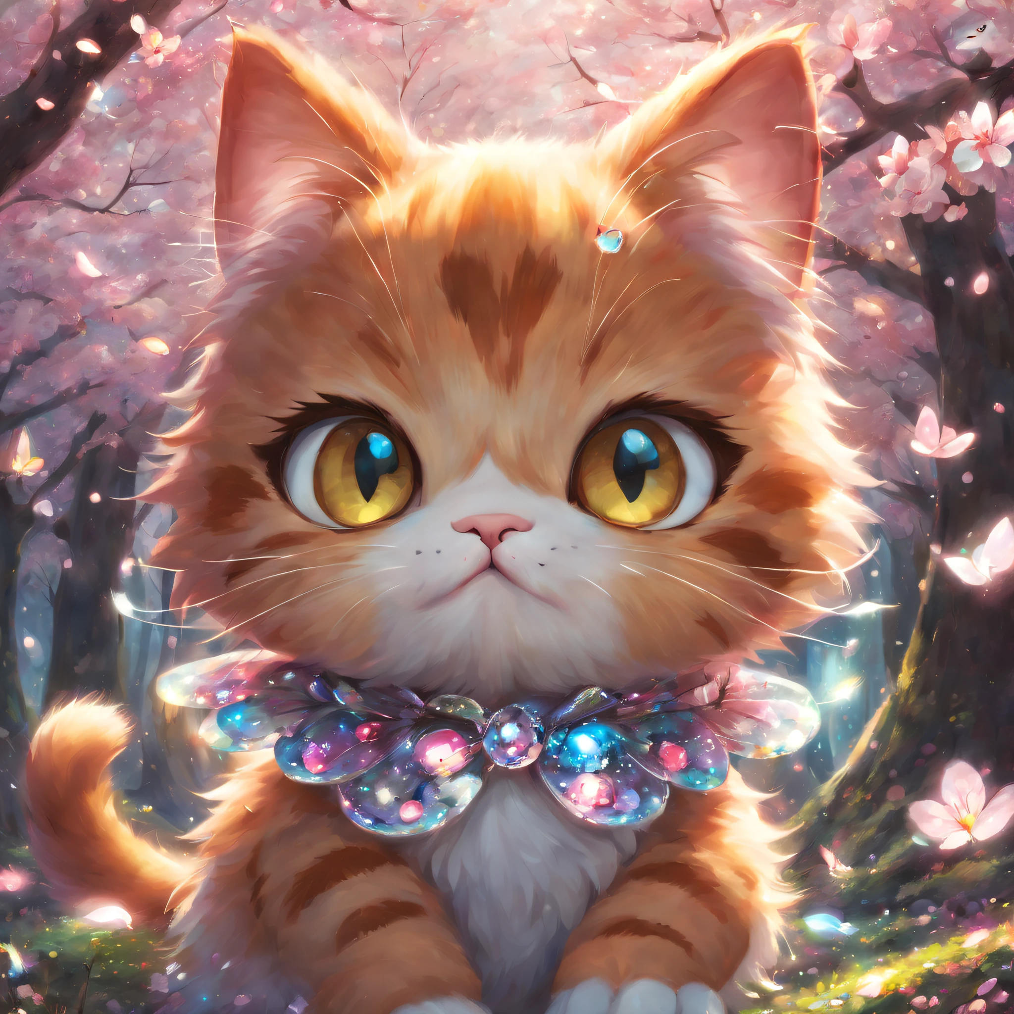 Colorful，Fairytale,Fantastic and magical，Movie character rendering，oil painted，3D，8K分辨率，Sequins，Sparkling，［cherry blossom forest］，rays of moonlight，Cute chibi kawaii,Close-up portrait of Garfield cat，A detailed eye，bigger, Round, Reflective eyes