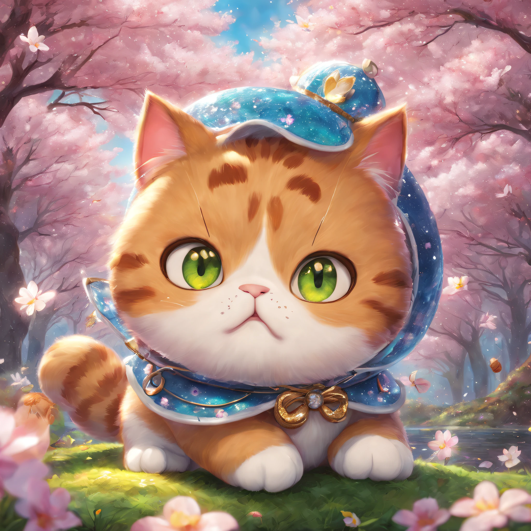 Colorful，Fairytale,Fantastic and magical，Movie character rendering，oil painted，3D，8K分辨率，Sequins，Sparkling，［cherry blossom forest］，rays of moonlight，Cute chibi kawaii,Fat Chubby，Close-up portrait of Garfield cat，A detailed eye，bigger, Round, Reflective eyes