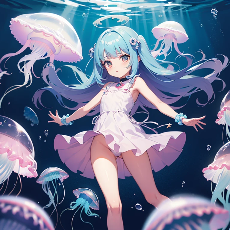 bonito sim,peito achatado,kawaii,(jellyfish girl:1.2), arms behind back,underwater,vestido babado,