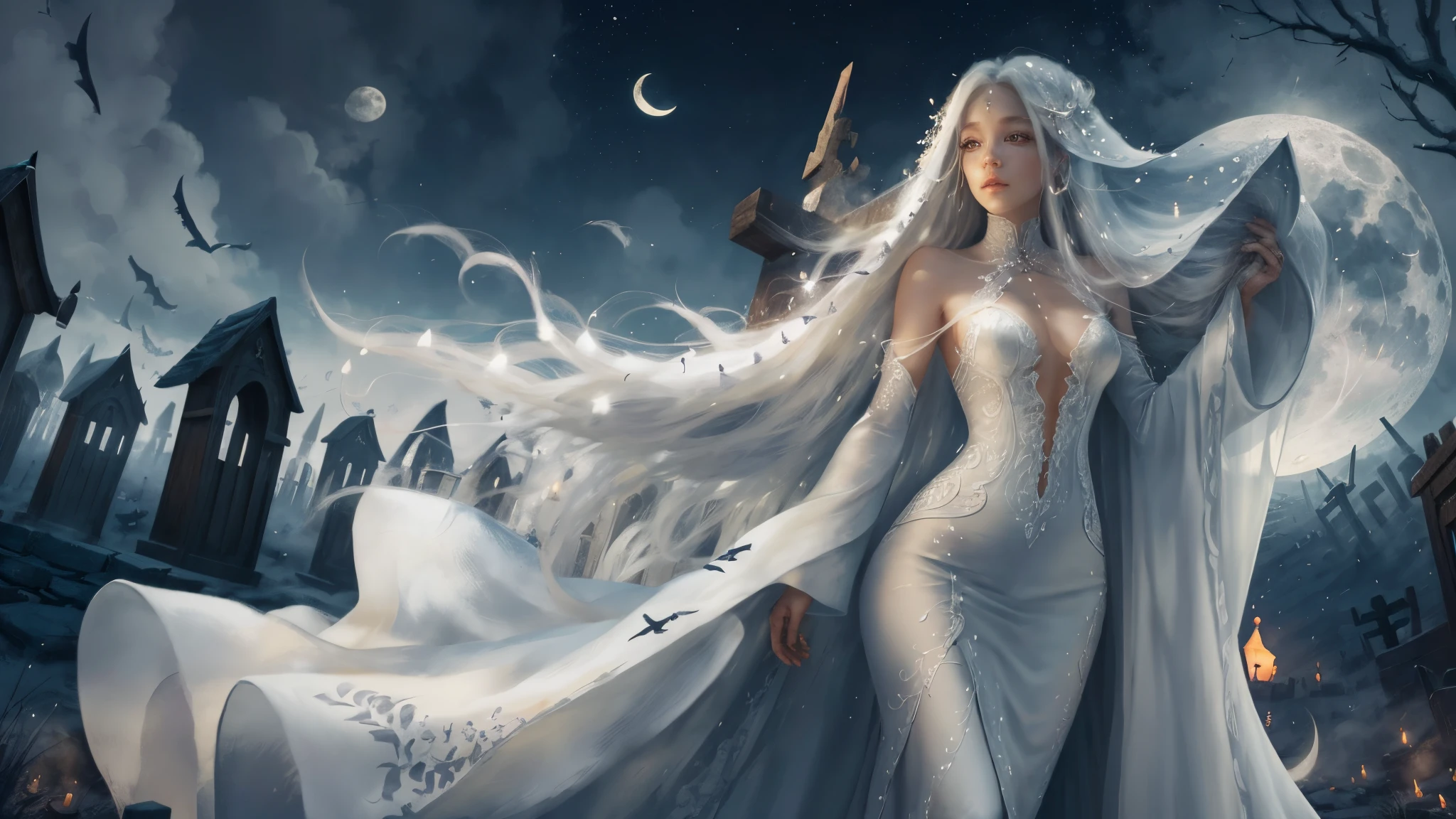 a beautiful woman with long white hair, white eyes, using a white long dress, full body, graveyard night scene with some tombs, moon in the sky --auto --s2