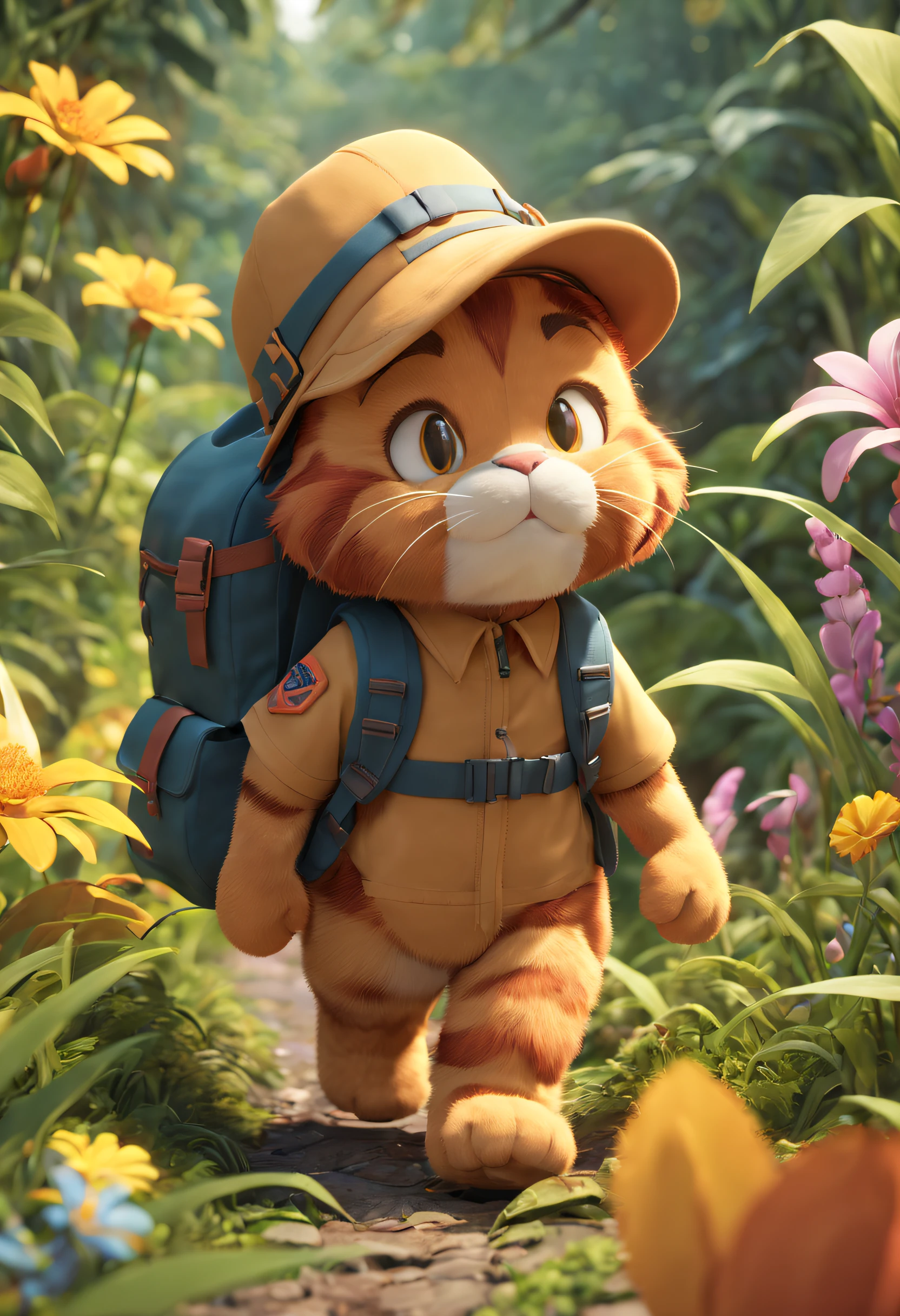 There is a poster,It features a Garfield explorer wearing a hat and backpack,Walk in the wilderness,Jungle of flowers and plants,Animation-style rendering,cute 3 d render,Small characters。Unreal Engine5,Stylized anime,Cute and detailed digital art,Atey Ghailan 8 K,Stylized 3D rendering,adventure hyper realistic render,Anime style 3D,Stylized 3D rendering