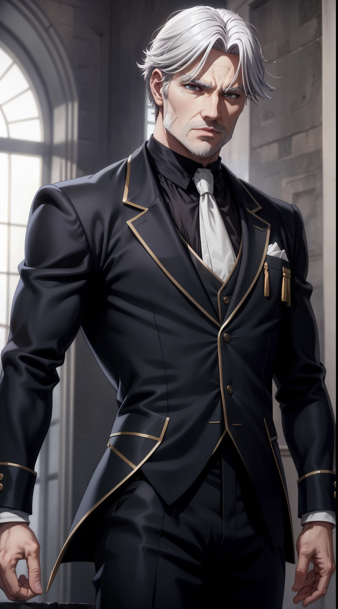 focused to upper body, realistic, 1man, white hair, sparkling brown eyes, butler outfit, standing pose, (manor background), perfect limbs,