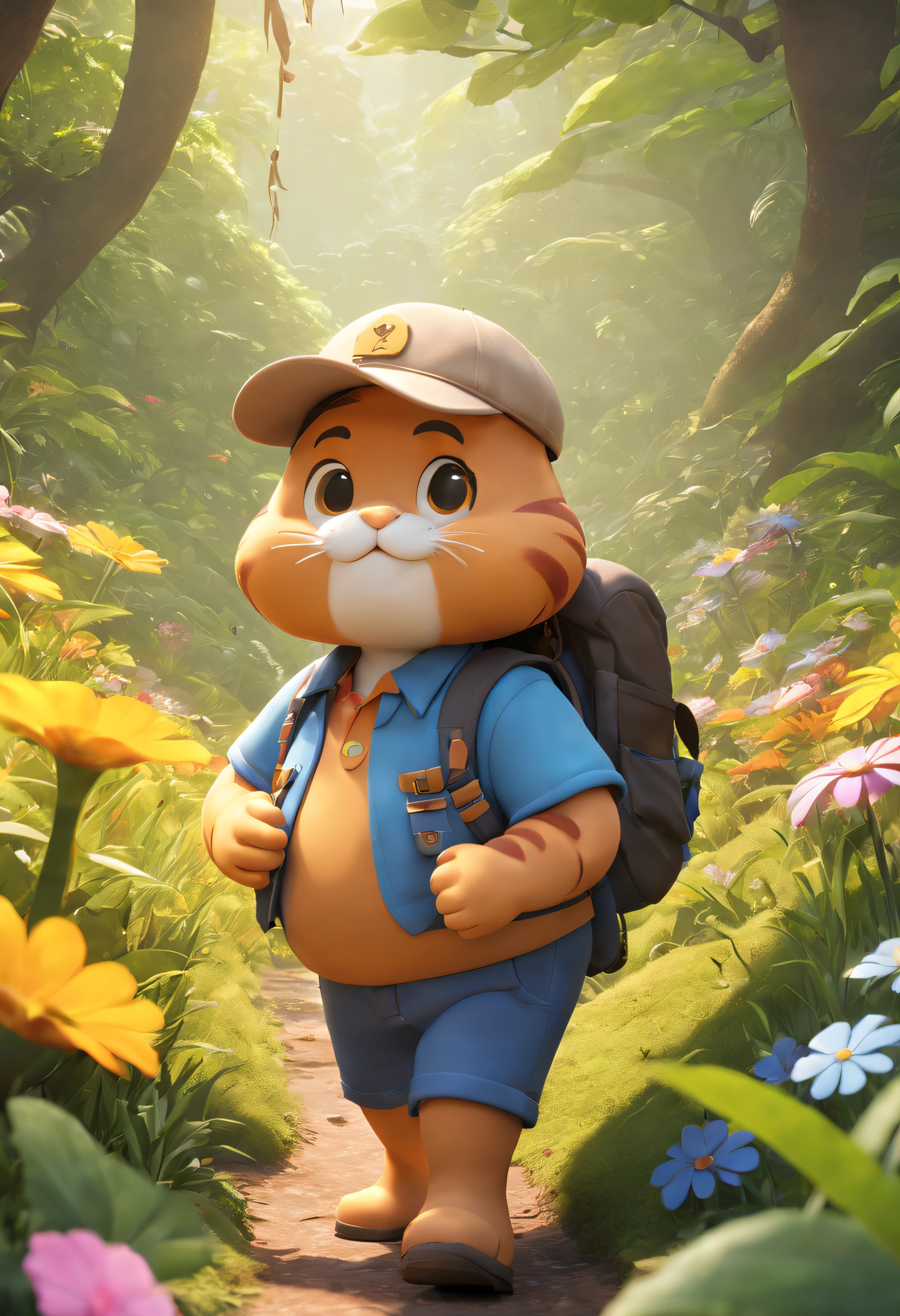 There is a poster,Fat Chubby,It features a Garfield explorer wearing a hat and backpack,Walk in the wilderness,Jungle of flowers and plants,Animation-style rendering,cute 3 d render,Small characters。Unreal Engine5,Stylized anime,Cute and detailed digital art,Atey Ghailan 8 K,Stylized 3D rendering,adventure hyper realistic render,Anime style 3D,Stylized 3D rendering