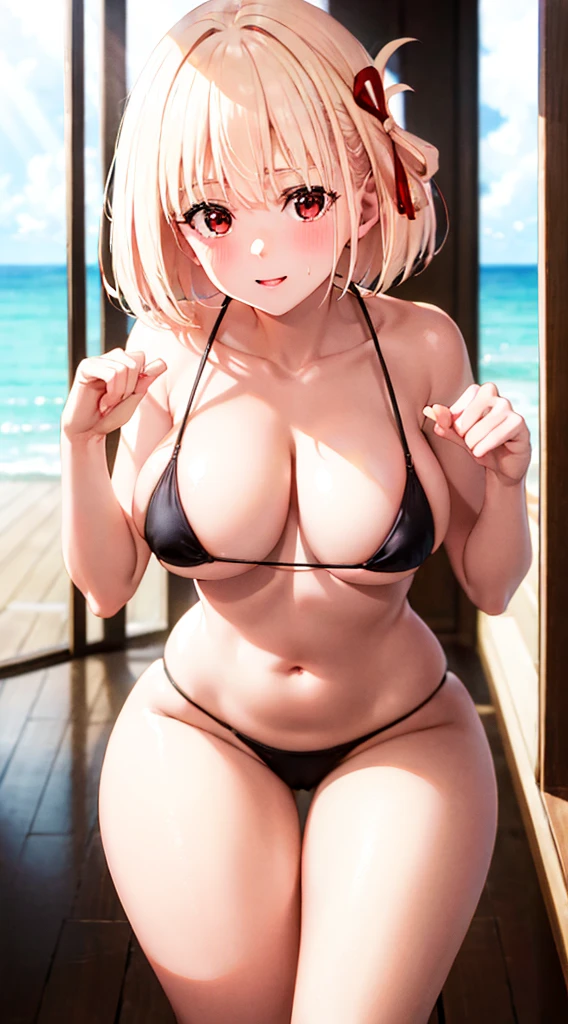 (Photoshopped Drawing:1) of (Illustration:1.6), (highres, best quality), masterpiece, 1girl, (symmetrical breasts), sunbeam, god rays, ambient lighting, medium breasts, oppai, gazing eye, unreal engine 5, immaculate detail, ultra detailed, hyper refined, uber mega mega good,(Vivid Colors:0.25),Extremely detailed, 2k wallpaper, amazing, finely detail, 8K Wallpaper, huge filesize, Ultra-detailed, hight resolution, Extremely detailed, Realistic, 8K, Ultra-high definition, Highest Quality, Ultra High Resolution, NSFW, POV, Beautiful background, (masterpiece), Raw photo, Best Quality, expressive eyes, perfect face, ((sexy micro bikini)), bedroom, sexy legs, legs, beautiful eyes, beautiful smiling face, red ribbon, hips, red eyes, blush, sweat, sexy, provocative pose, high leg, bare breasts, glossy chest, shiny on the chest, whole body, large cleavage, Tropical beaches, full nude, anime style, ((extra small micro bikini)), sexypose, sexy facial expression, Sexy Shots, beautiful legs, platinum-blonde, shorth hair, red eyes, at the tropical beach side, beach, summer, (thighs thighs thighs thighs:1.0), medium_breasts, Yellow blonde hair, oppai proportions, small curvy loli, oppai, Short yellow blonde hair, short hair, big breast