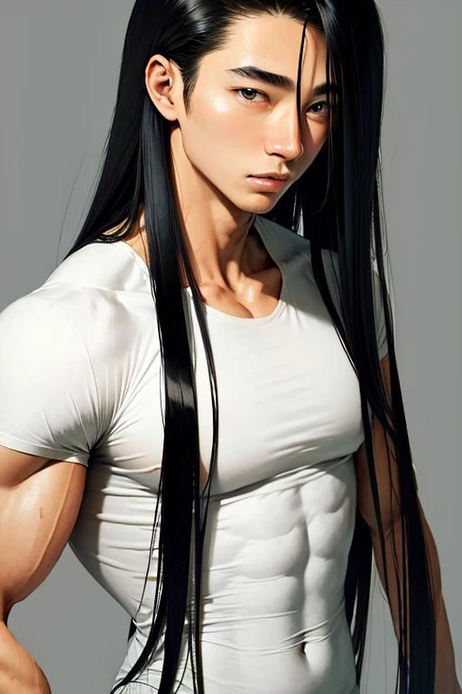 very handsome man long white oily hair, slightly muscular, big thick lips, black thick eye liner