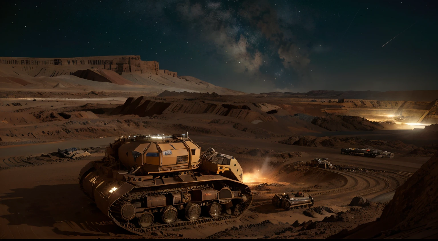 On Mars, a huge, cutting-edge mining excavation machine is at work. Metallic luster texture, mineral conveyor belt, and mining personnel are distributed on the Martian ground. Bright picture, different machines, starry sky, daytime, digging into large mechanical details, super wide angle, bird's eye view, high realism, light and dark