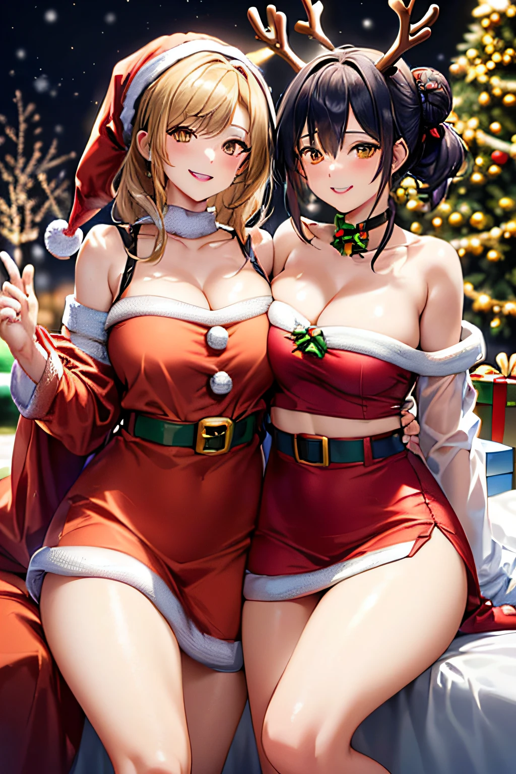 (((Gorgeous Christmas illuminations on street trees:1.3))),christmas tree night lighting,(((Wallpaper of two women enjoying Santa Claus cosplay and cute reindeer cosplay:1.3))),a miniskirt,(The white part of the costume looks like fluffy snow,The red part is made of luxurious velvet material.).off shoulder with sleeves,(Emphasis on large breasts:1.3),(Short hair with shiny silver and orange stripes,Ponytail twisted buns adorned with elaborate braids and beads,Braided Setup Fishbone Hair,),(Bangs are see-through bangs),with round face,An attractive woman with a natural smile and charming expression,Transparent skin,(The 8k quality,masutepiece,top-quality,Ultra-high resolution output image,),(Highly detailed raw photos:1.3),(Image Mode Ultra HD),