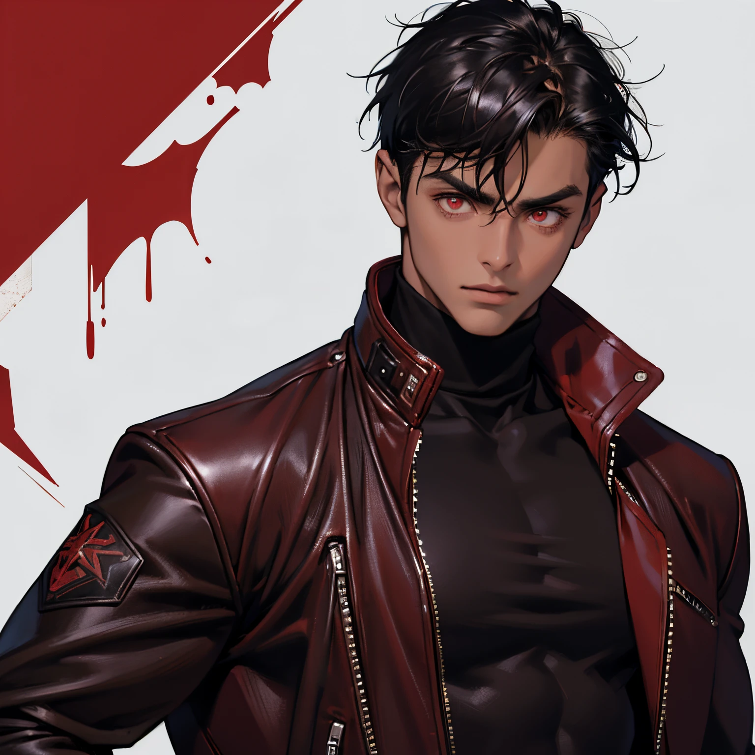 1boy, best quality, detailed face, detailed eyes, dark-skinned male, black hair, short hair, red eyes, serious, red jacket, leather jacket, black turtleneck, black jeans, muscular male, simple background