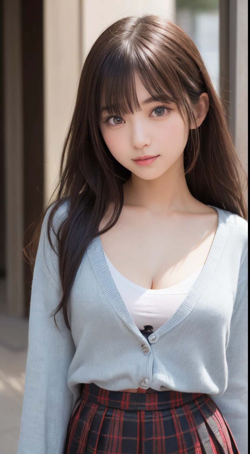 Smile、natta、Raw photography、(((Ultimate Beauty Portrait)))、((glistning skin))、女の子1人、 beautiful girl in Prague、bright expression、((brown haired))、(cleavage of the breast)、(Plaid pleated skirt:1.5)、((Big eyes that shine like jewels))、open cardigan、Open your clothes、panthyhose、Glossy glossy skin、(Medium Hair)、(Silky Ponytail Hair)、(is standing)、(frombelow)、Under the skirt、(Close-up of underwear from below)、eye liner、Beautiful bangs、Hair between the eyes、((​masterpiece、top-quality、ultra-detailliert、Film Light、intricate-detail、hight resolution、ighly detailed))、细致背景、8KUHD、Digital SLR、Soft light、hightquality、Film grain、FujifilmXT3 、Shallow depth of field、natural soft light、Kamimei、Lush bust