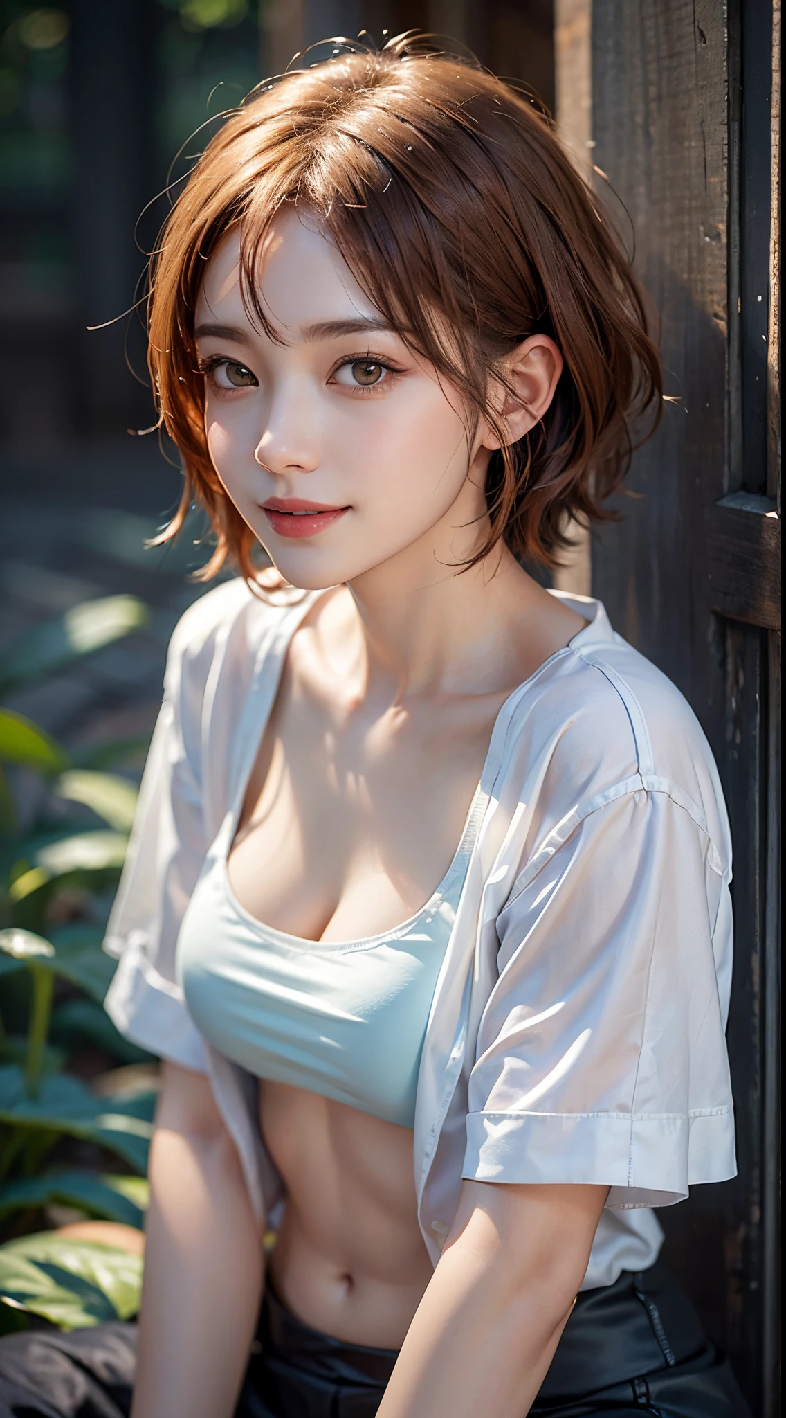 top-quality、8K、32K、masuter piece、nffsw:1.3)、Cute Japan Girl、1人、short-hair、profile、(Split abs、slim figure:1.2)、(s lips) 、(Orange hair)、二重まぶた、shinny skin、Realistic rays、mare、beauitful face、(A smile:1.3)、crouching down、(From above:1.2)、(a closeup:1.4)、shores、White T-shirt、blurry backround、(Front Focus)、(Dark: 1.6)、Fantasy Art、photoRealstic、Professional Lighting、extra detailed face、Award-winning、deep-shadows、((Ultra-realistic raw photos)),Detailed eyes,Lifelike eyes,Detailed hair,