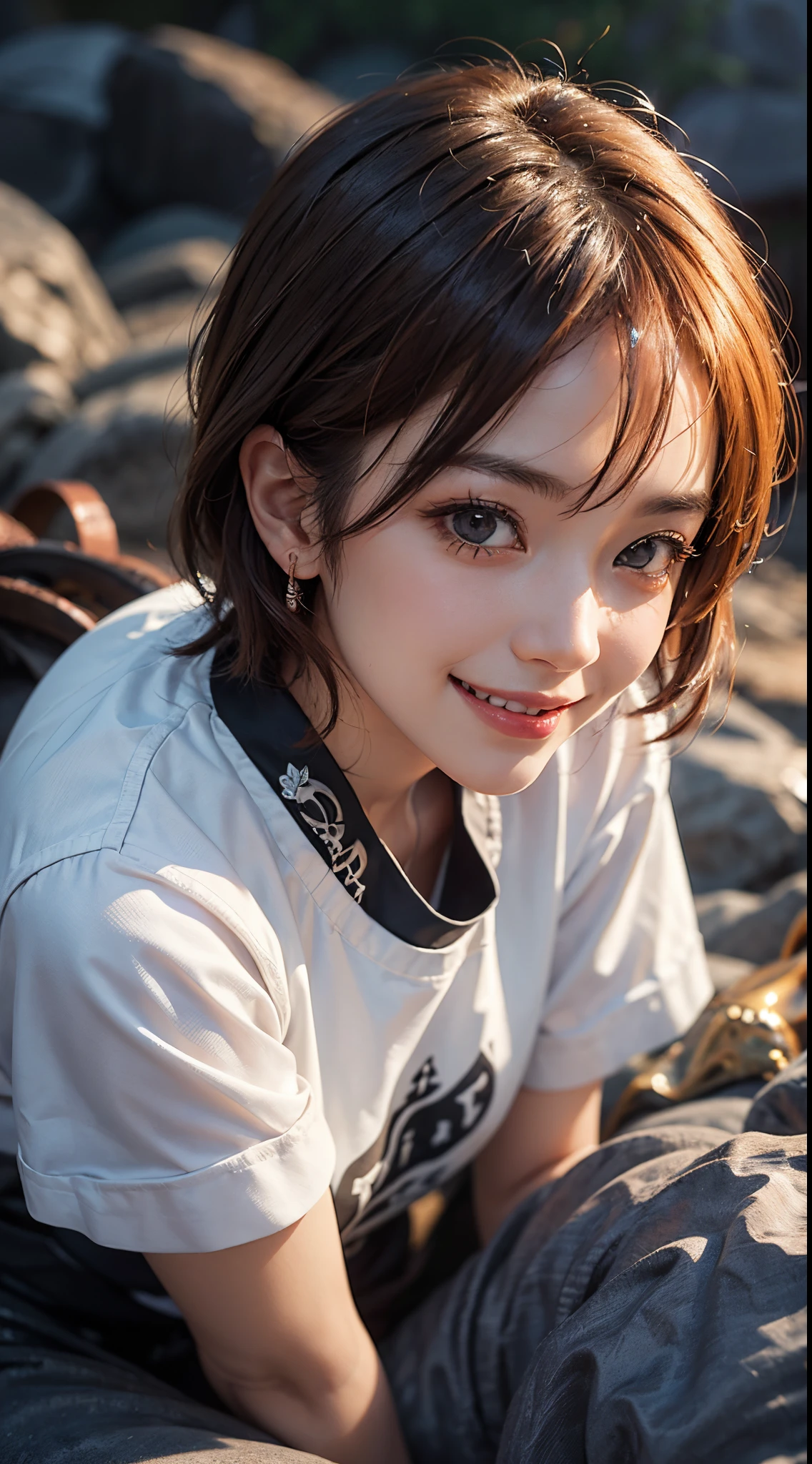 top-quality、8K、32K、masuter piece、nffsw:1.2)、Cute Japan Girl、1人、short-hair、profile、(Split abs、slim figure:1.2)、(s lips) 、(Orange hair)、二重まぶた、shinny skin、Realistic rays、mare、beauitful face、(A smile:1.3)、crouching down、(From above:1.2)、(a closeup:1.4)、shores、White T-shirt、blurry backround、(Front Focus)、(Dark: 1.6)、Fantasy Art、photoRealstic、Professional Lighting、extra detailed face、Award-winning、deep-shadows、