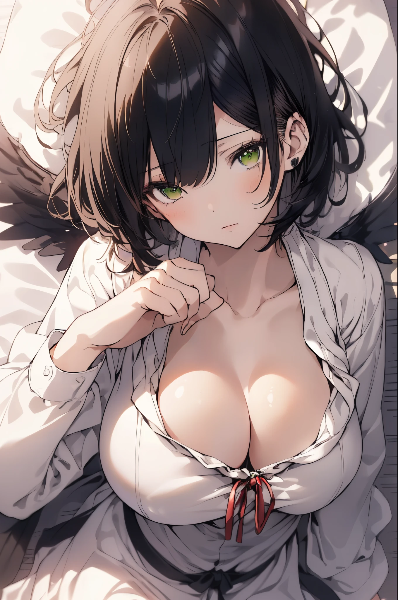 (masutepiece, Best Quality:1.2),
1girl in, Solo, Lying, (on  back:1.2), Full body,
Black hair, Short hair,
Green eyes, Looking at Viewer,
White shirt, cleavage,
(Huge breasts:1.2), drooping chest, (breast apart:1.2),
Bedroom background,Cinematic lighting,Cinematic Angel,Hyper realistic, Perfect Anatomy, Perfect five fingers