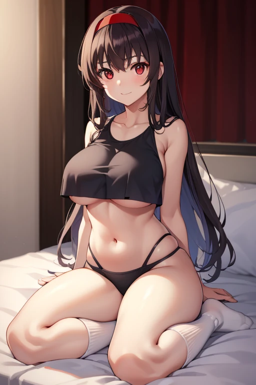 kasumigaokautaha, ((full body)), ((full pose)) utaha kasumigaoka, black hair, hairband, long hair, (red eyes:1.5), masterpiece, best quality, highres, kasumigaoka utaha, 1girl, solo, ((sitting)), bed, ((underboob)),((black tank)) medium breasts, blushing, black hair, hairband, red eyes, ((white hairband)), bangs, medium breasts, ((white short socks)), blushing, smile, teeth, feets in first plan, cowboy shot, looking at viewer, living room background, picture from down,