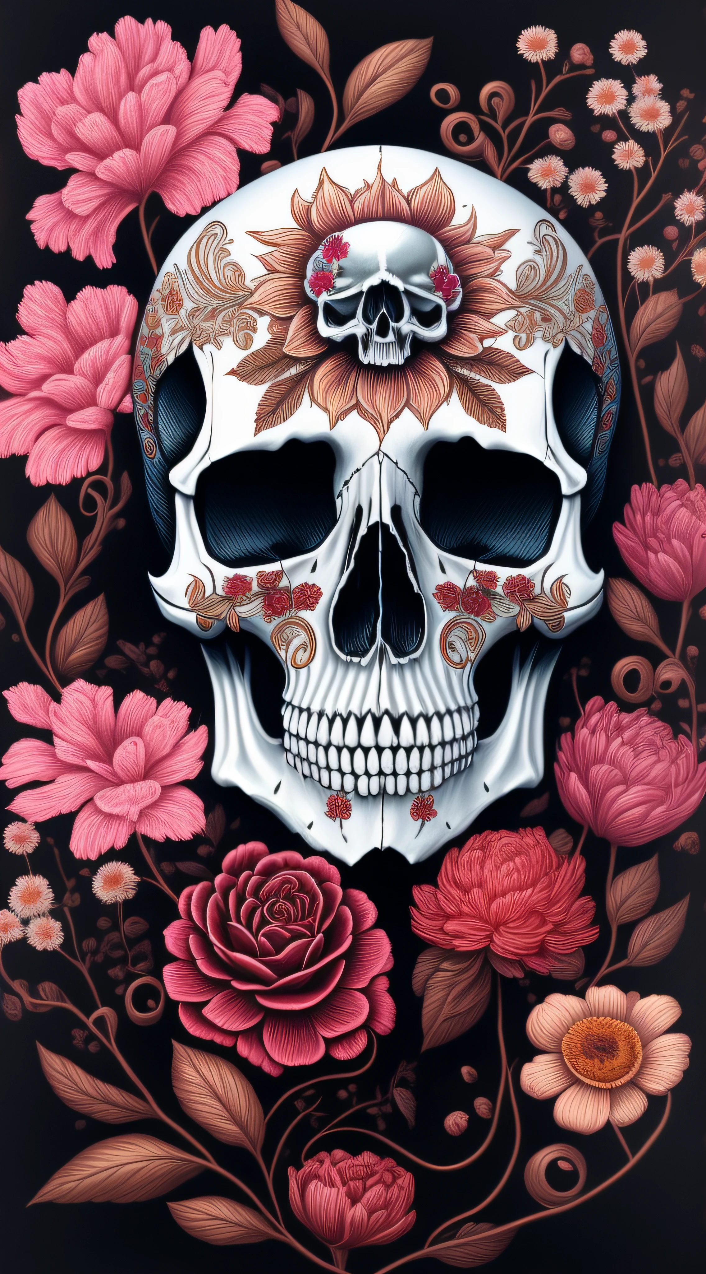 skull with flowers and a skull face in the middle of a painting, jen bartel, fantasy skull, 4k detailed digital art, sacred skull, beeple and james jean, 4k highly detailed digital art, highly detailed digital painting, background artwork, highly detailed digital artwork, scary color art in 4 k, intricate digital painting, beautiful art uhd 4 k