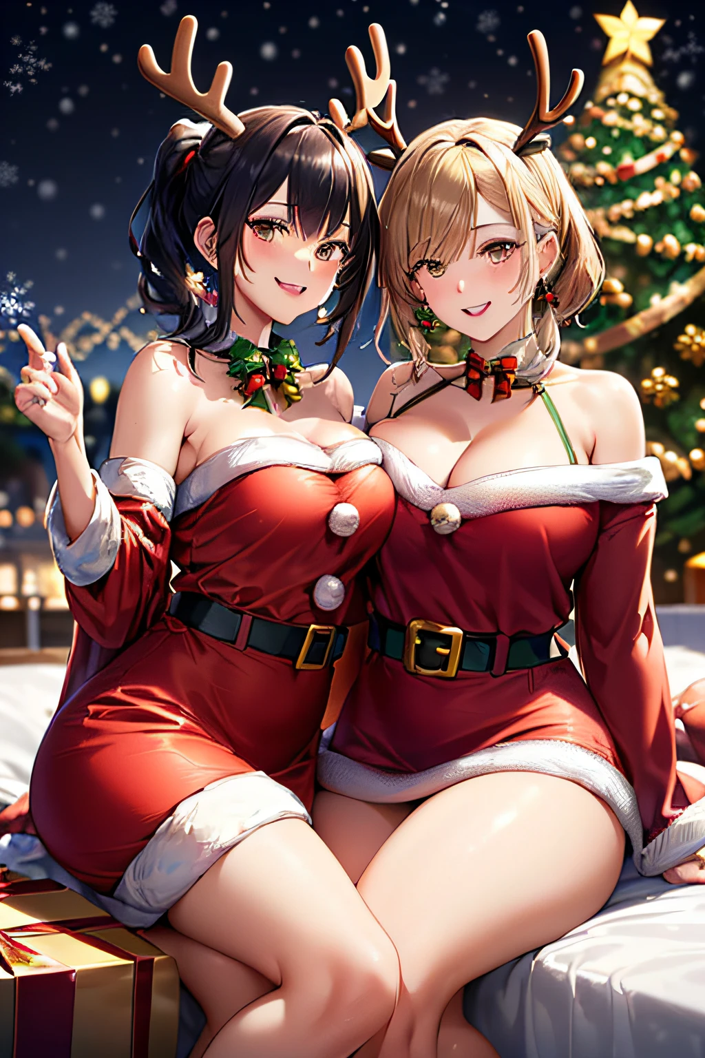 (((Gorgeous Christmas illuminations on street trees:1.3))),christmas tree night lighting,(((Wallpaper of two women enjoying Santa Claus cosplay and cute reindeer cosplay:1.3))),a miniskirt,(The white part of the costume looks like fluffy snow,The red part is made of luxurious velvet material.).off shoulder with sleeves,(Emphasis on large breasts:1.3),(Short hair with shiny silver and orange stripes,Ponytail twisted buns adorned with elaborate braids and beads,Braided Setup Fishbone Hair,),(Bangs are see-through bangs),with round face,An attractive woman with a natural smile and charming expression,Transparent skin,(The 8k quality,masutepiece,top-quality,Ultra-high resolution output image,),(Highly detailed raw photos:1.3),(Image Mode Ultra HD),