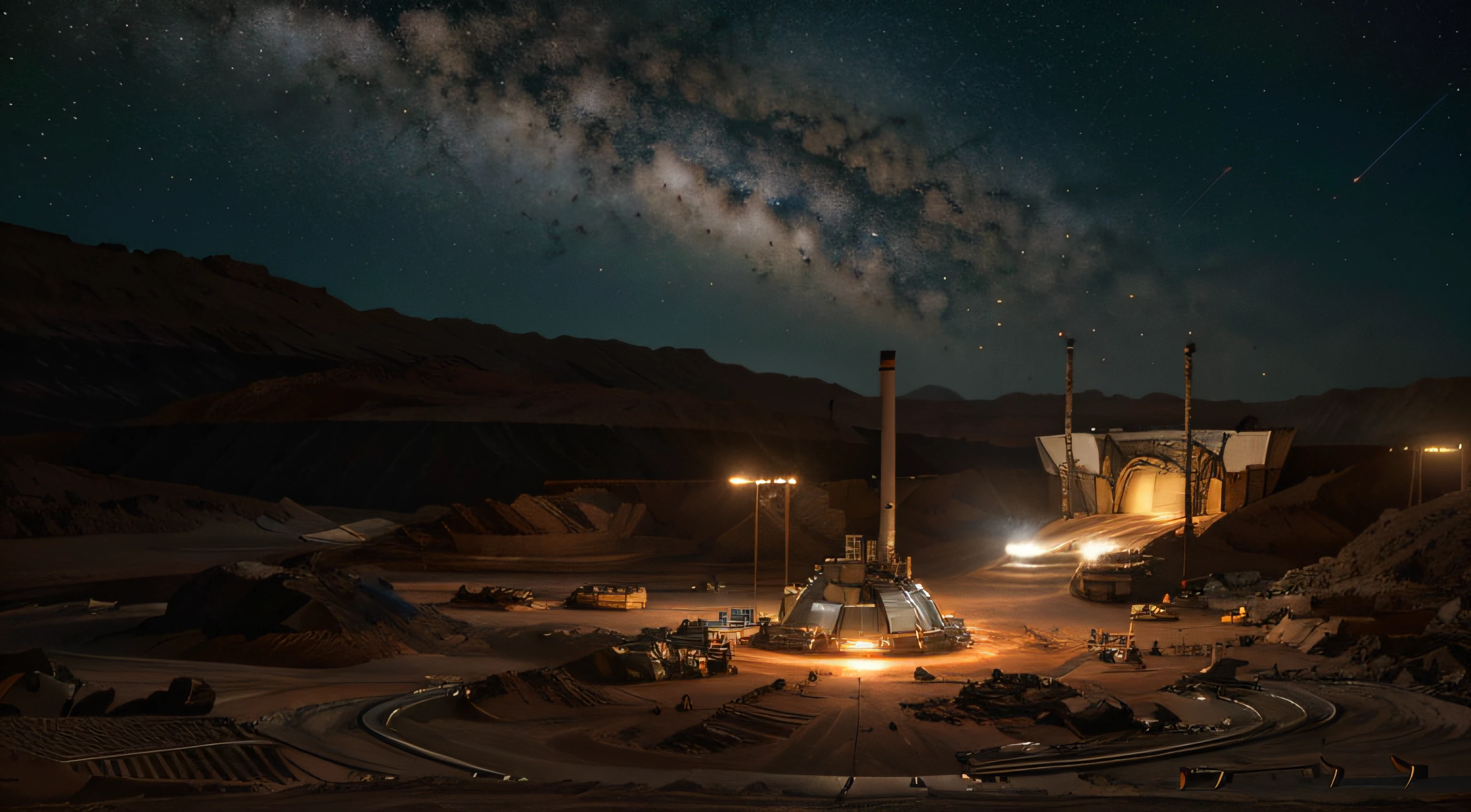 On Mars, a huge, cutting-edge mining excavation machine is at work. Metallic luster texture, mineral conveyor belt, and mining personnel are distributed on the Martian ground. Bright picture, different machines, starry sky, daytime, digging into large mechanical details, super wide angle, bird's eye view, high realism, light and dark