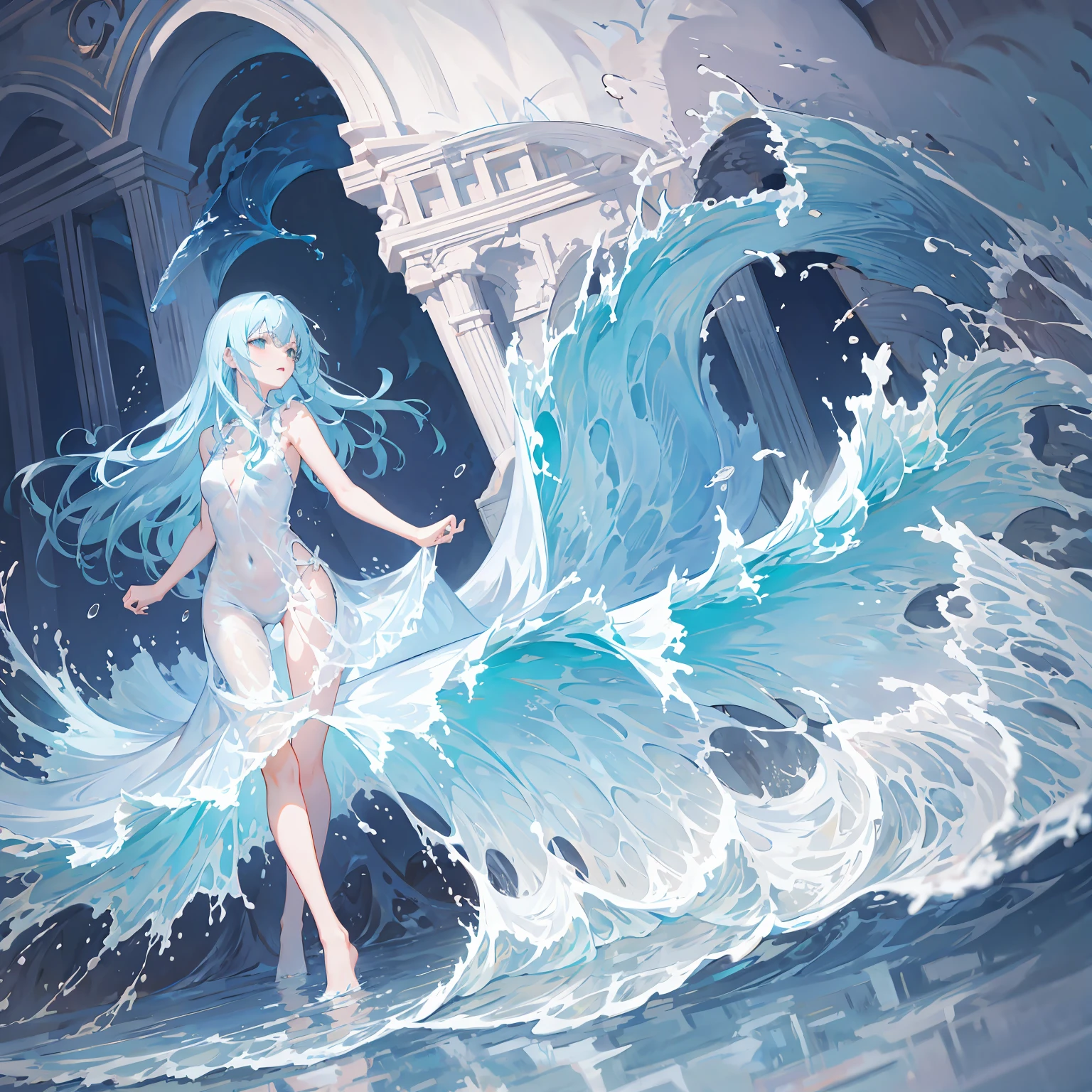 1girl,solo,light_blue_hair,liquid hair, long hair,floating hair, full body, standing,sundress, liquid clothes, water,waves, tsunami,tide,sea,water dress,