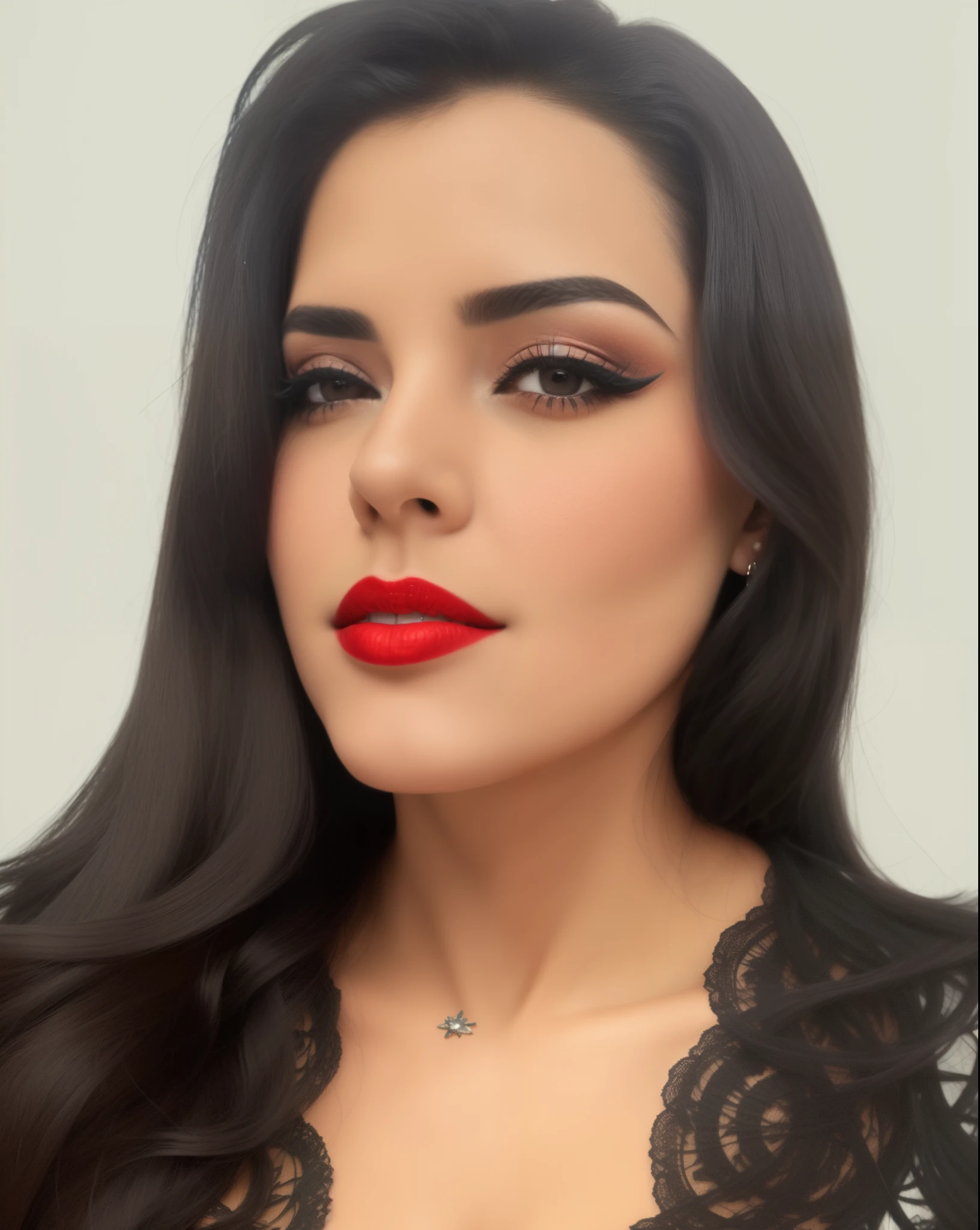 there is a woman with long black hair and a red lipstick, imagem de perfil, rosto sexy com maquiagem completa, inspirado em Maria Helena Vieira da Silva, olhar sensual, red lips, Ayahausca, thick red lips, com maquiagem profissional, inspired by Antônio Parreiras, Batom vermelho no rosto, Alanis Guillen