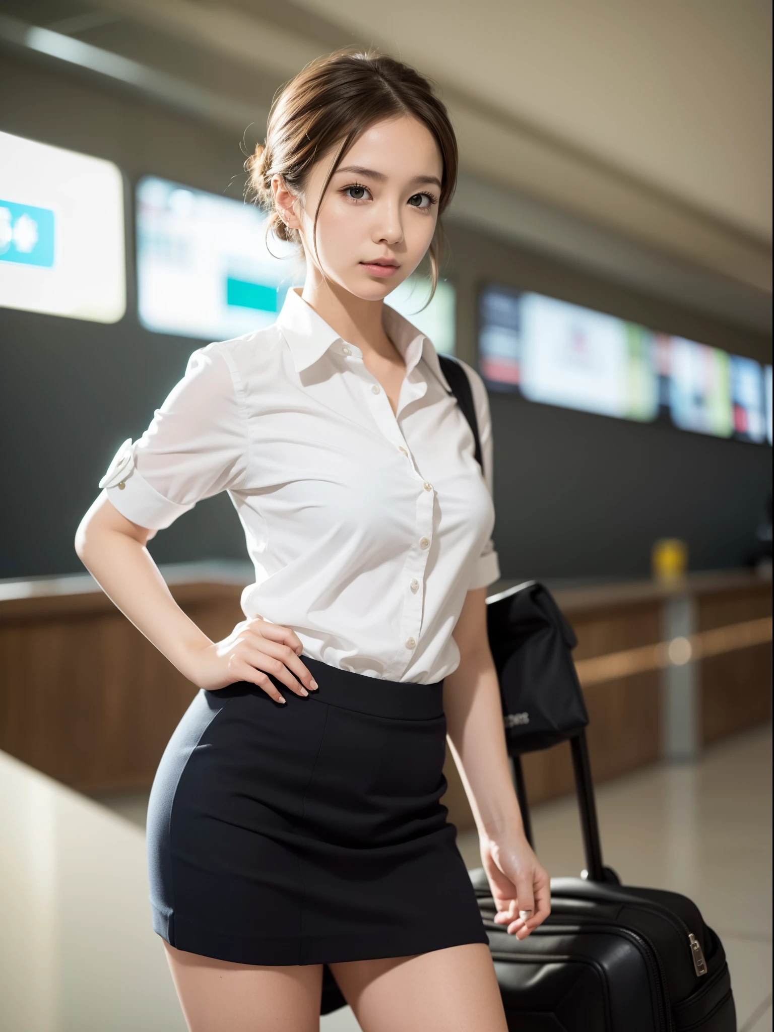 ((of the highest quality, 8K, masutepiece: 1.3, Raw photo)), Sharp Focus: 1.2, (1 AESPA Girl :1.1), (Solo: 1.1), (Realistic, Photorealistic: 1.37), (Face Focus: 1.1), Cute face, hyperdetailed face, (short messy hair: 1.2), (updo: 1.3), small breasts, flat chest, thigh, Beautiful flight attendant, airport, Beautiful flight attendant outfit, Restricted cap, walking