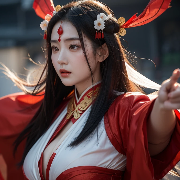 Chinese Ancient Times,Chinese woman,ghost bride,big and plump breasts,Red element,pretty face,Looking haggard and pale,eyes full of resentment,Supernatural style,The wind is gusting