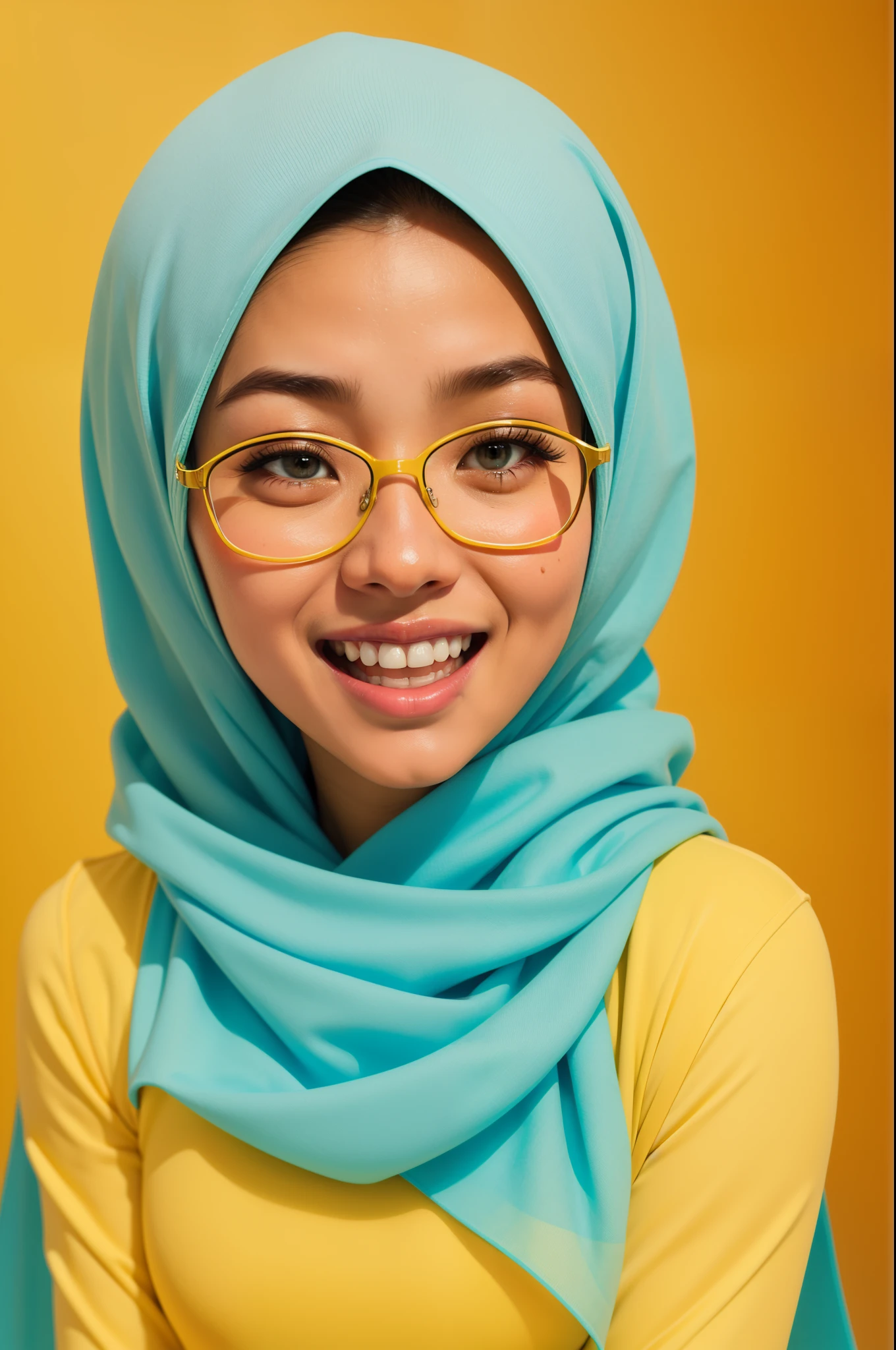 Modest and beautiful Malay woman in a light blue baju kurung in front of a yellow background, laughing, glasses, hijab, mira filzah, full portrait, on a yellow canva, full portrait shot, photo of young malay woman, photo of a woman, potrait, full shot portrait, in yellow background
