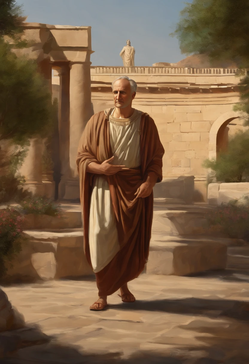 An image of Marcus Tullius Cicero enjoying a leisurely afternoon stroll through the Athenian Agora, surrounded by the lively bustle of merchants and philosophers.,original,Marcus Tullius Cicero has a slender and tall build with a prominent forehead and high hairline. He has a long, thin face, a straight nose and a sharp chin. He has expressive and animated facial expressions. Meticulous in his appearance. Often wears a Roman Toga. He pays attention to his hair and beard.