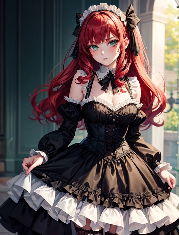 Seraphine's fiery red hair is styled in voluminous curls that frame her delicate face. Her emerald-green eyes are accentuated with dark eyeliner and green eyeshadow.
Costume: She opts for a Gothic ta maid dress in shades of black and white, with a white apron, with intricate lace and satin ribbons. Her dress features a corseted bodice and a full, layered skirt. She wears green knee-high stockings, and black Mary Jane shoes adorned with black bows.