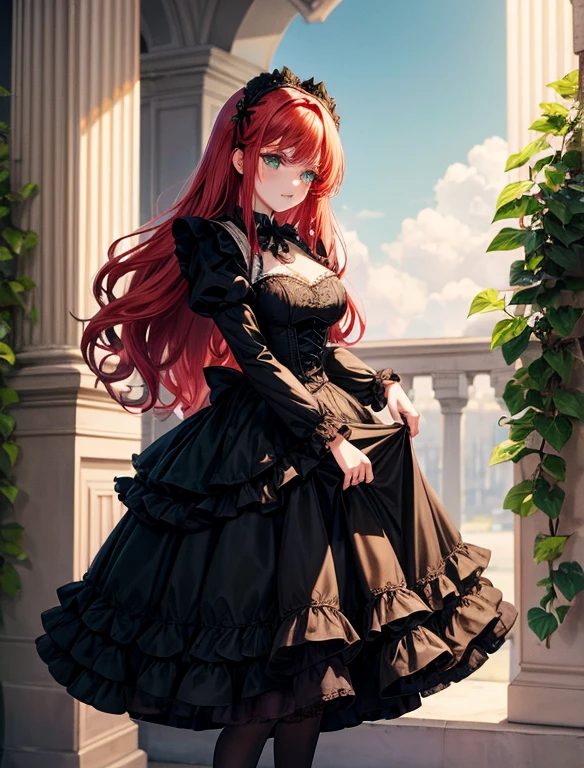 Seraphine's fiery red hair is styled in voluminous curls that frame her delicate face. Her emerald-green eyes are accentuated with dark eyeliner and green eyeshadow.
Costume: She opts for a Gothic ta maid dress in shades of black and white, with a white apron, with intricate lace and satin ribbons. Her dress features a corseted bodice and a full, layered skirt. She wears green knee-high stockings, and black Mary Jane shoes adorned with black bows.