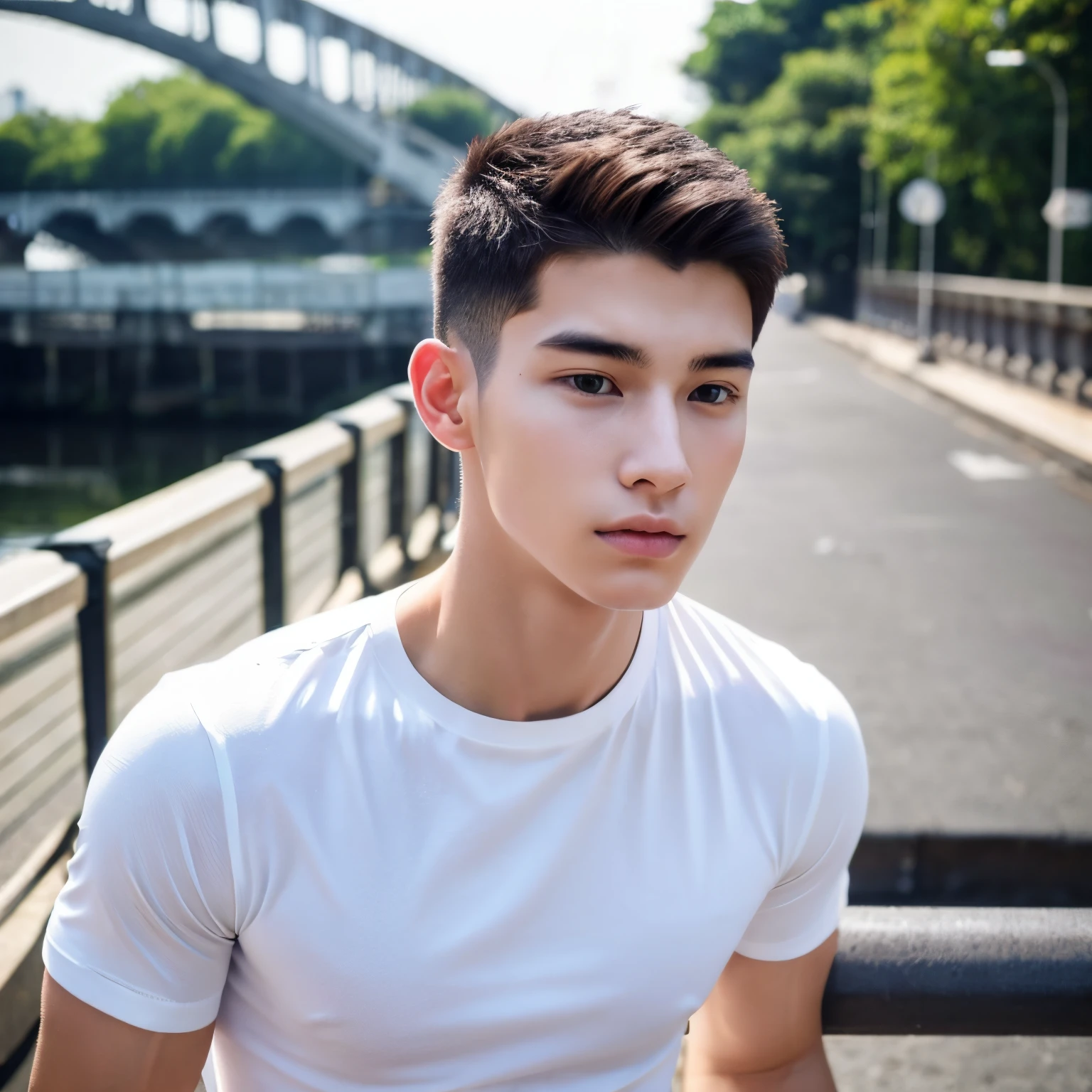 young man with shaved head。With a muscular body、wearing white t-shirts。The eyes are droopy and the bridge of the nose is straight.。Looking here。