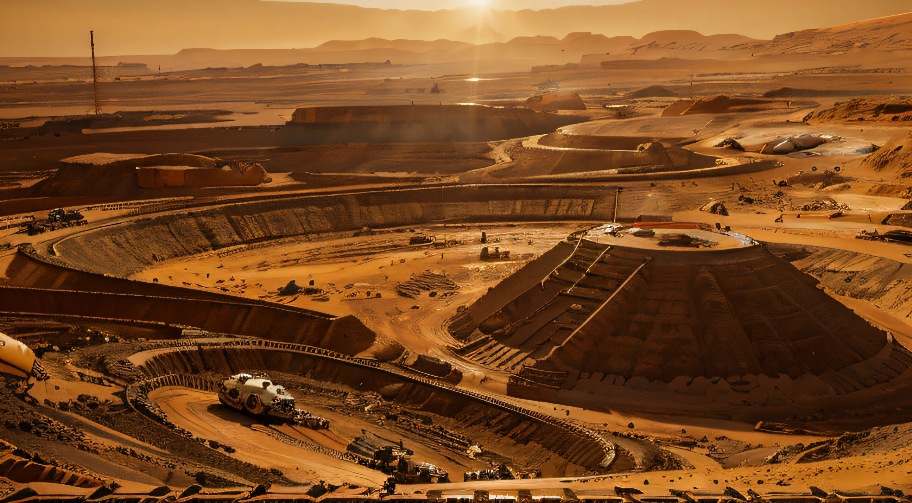 On Mars, a huge, cutting-edge mining machine is at work. The Martian ground is dotted with metallic textures, mineral conveyor belts, and mining crews. Bright picture, different machines, yellow sky, daytime, digging into large mechanical details, super wide angle, bird's eye view, high reality, light and dark