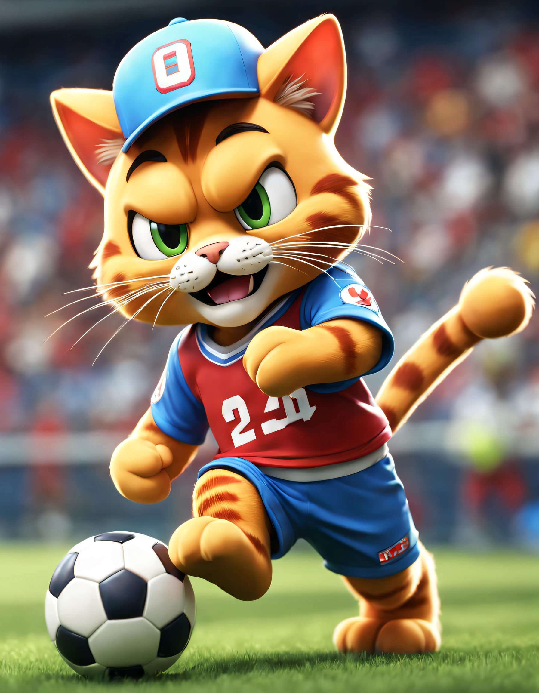 style of anime, motionblur, Ray traching, vignetting, tmasterpiece, super detailing, high detal, high high quality, Award-Awarded, A high resolution, 8K， 
(There is a Garfield cat playing football), （Shooting action）, ，Wearing red and blue tennis uniform, sports headband，exaggerated serious expression, largeeyes, long eyelasher，cosmetics，Hairy beard,（Long tail：1.0）， Background with： football match scene，Football goal，
 3D, Cartoonish, Produced by Pixar, kawaii, anthropomorphic turtle，comic strip，