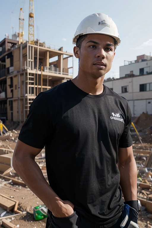 christiano ronaldo working in construction site, wearing a black shirt