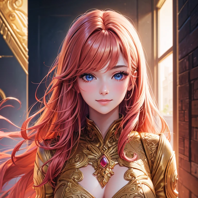 masterpiece , high quality, HCNONE,1GIRL, ultra detailed 1.2), HD 8k quality1.2), college 18 year collage girl, golden pink red drees, golden pink colour lipstick, golden pink red colour skin ,realistic skin texture ,ultra HD, blue Broun eyes, smile, seductive face, deep forest field, soft golden mirrored light, golden brown eyebrow, long hair, pink golden red colour hair, ovel face, hair colour priority, gorgeous women, model standing 5 to 6 feet away from camera, ultra details image,