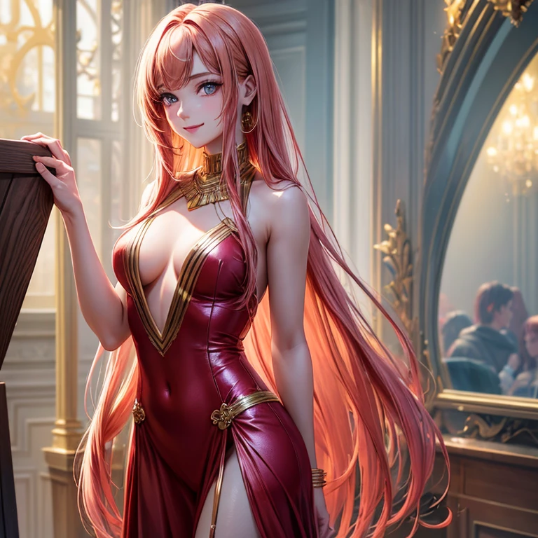 masterpiece , high quality, HCNONE,1GIRL, ultra detailed 1.2), HD 8k quality1.2), college 18 year collage girl, golden pink red drees, golden pink colour lipstick, golden pink red colour skin ,realistic skin texture ,ultra HD, blue Broun eyes, smile, seductive face, deep forest field, soft golden mirrored light, golden brown eyebrow, long hair, pink golden red colour hair, ovel face, hair colour priority, gorgeous women, model standing 5 to 6 feet away from camera, ultra details image,