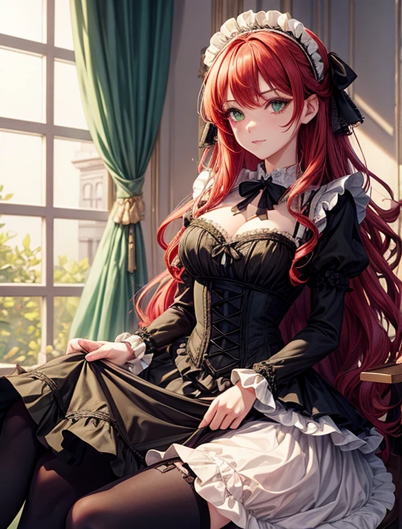 Seraphine's fiery red hair is styled in voluminous curls that frame her delicate face. Her emerald-green eyes are accentuated with dark eyeliner and green eyeshadow.
Costume: She opts for a Gothic Lolita maid dress in shades of black and white, with a white apron, with intricate lace and satin ribbons. Her dress features a corseted bodice and a full, layered skirt. She wears green knee-high stockings, and black Mary Jane shoes adorned with black bows.