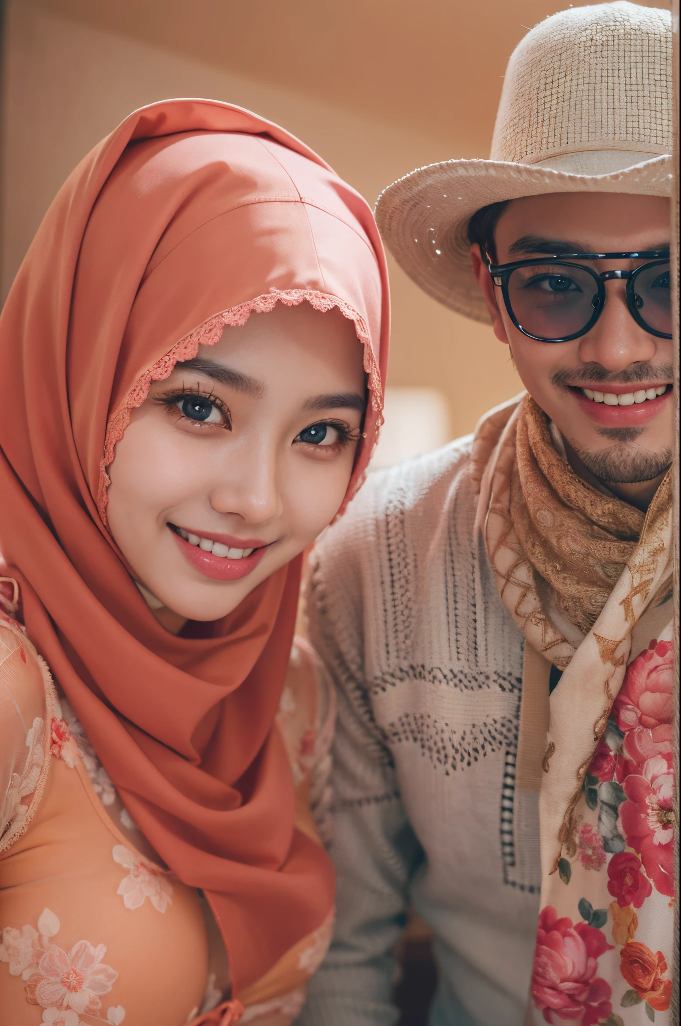 (masterpiece, best quality:1.2), cowboy shot, solo, 1 malay girl and 1 malay man, smile, looking at viewer, hand on hip,pastel red color hijab, eyewear on head, pastel red floral lace bra and panties, man behind girl, extreme close up shot, ultra detail, pastel color grading,
