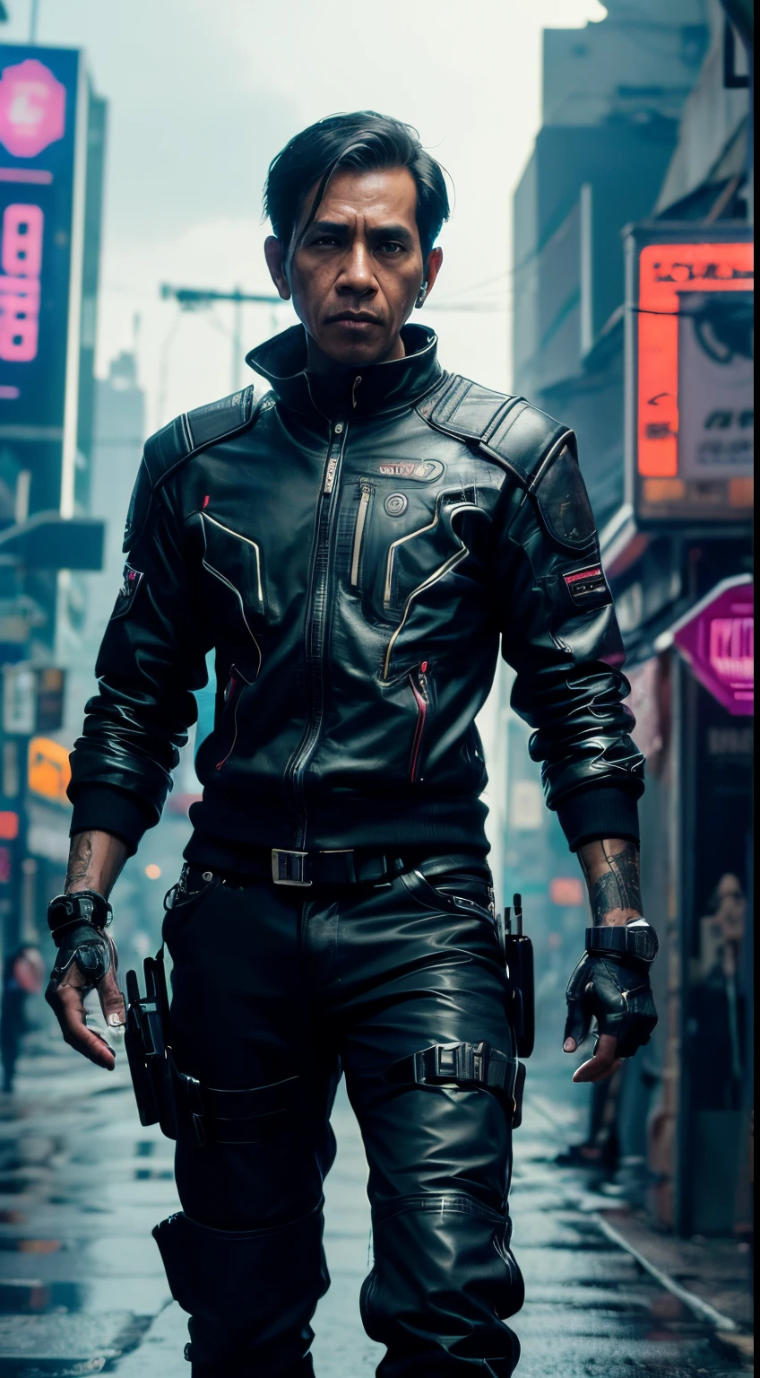 cyber punk Jokowi Indonesian,(top-quality、8K、32K、masterpiece)、(The ultra -The high-definition)、(Photorealsitic:1.4), dynamic pose, cowboy shot, cyberpunk fashion,depth of fields, cyberpunk city background, cinematic lighting.