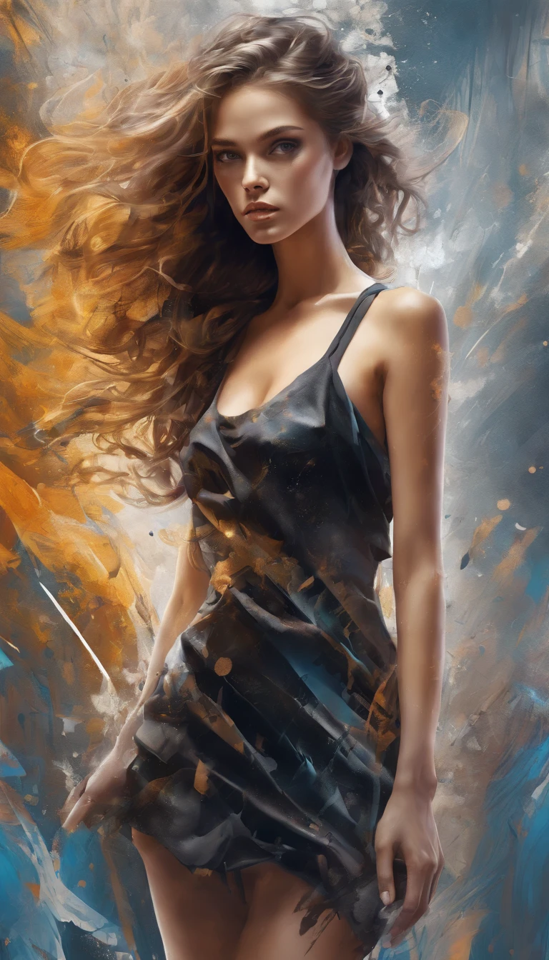 Perfect centralization, Fantastic Particles, rapture, Standing position, abstract beauty, Downtown, looking at the camera, facing the camera, On the way to perfection, dynamic, higly detailed, Smooth, Sharp focus, 8K, hight resolution, illustartion, art by Carne Griffiths and Wadim Kashin,  Background with crisp strokes, Background with fragment color, tons vívídos, Ink Nebula Background, -yeld giwith sexy appearance, Honey-colored eyes, Brunette hair color, Long & Beautiful, Fantastic Short Black Skirt, Athletic Body Shape, extreme hight detail,Scattered particles