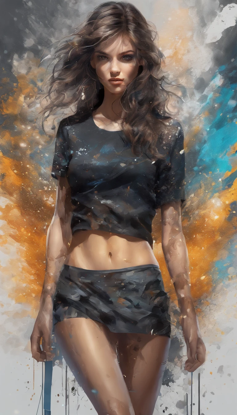 Perfect centralization, Fantastic Particles, rapture, Standing position, abstract beauty, Downtown, looking at the camera, facing the camera, On the way to perfection, dynamic, higly detailed, Smooth, Sharp focus, 8K, hight resolution, illustartion, art by Carne Griffiths and Wadim Kashin,  Background with crisp strokes, Background with fragment color, tons vívídos, Ink Nebula Background, 17-year-old girl with sexy appearance, Honey-colored eyes, Brunette hair color, Long & Beautiful, Fantastic Short Black Skirt, Athletic Body Shape, extreme hight detail,Scattered particles