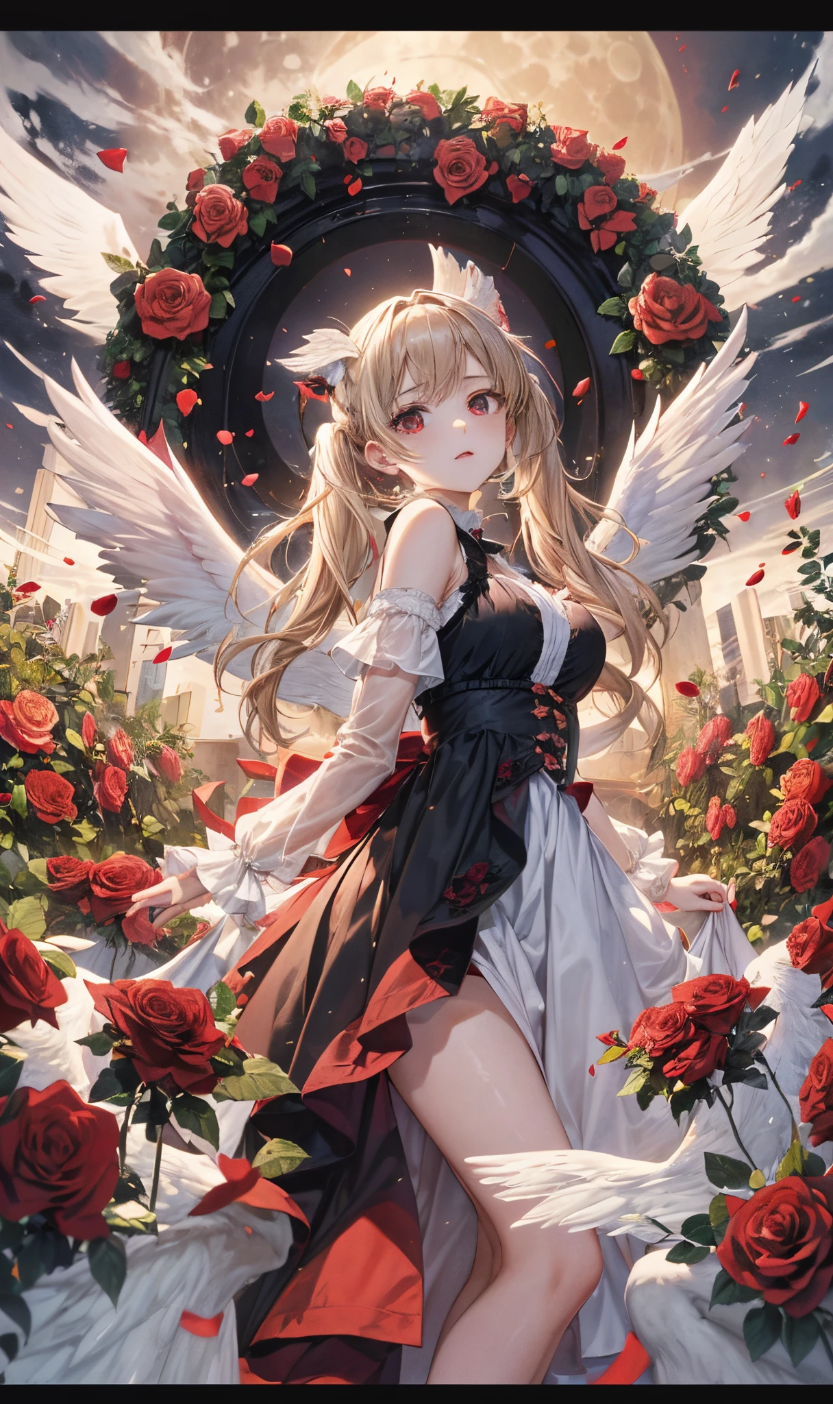 top-quality、masutepiece、1womanl、独奏、20yr old,(abstract art:1.4),(beautiful angel woman in the center:1.4),,A ray of light spreads,(Many red roses are dancing in the sky:1.4),(A big full moon in the black sky:1.5)(God of short blonde twintails),(Hair parted in the middle),(big angel wings and angel ring),(Red Eyes:1.3)