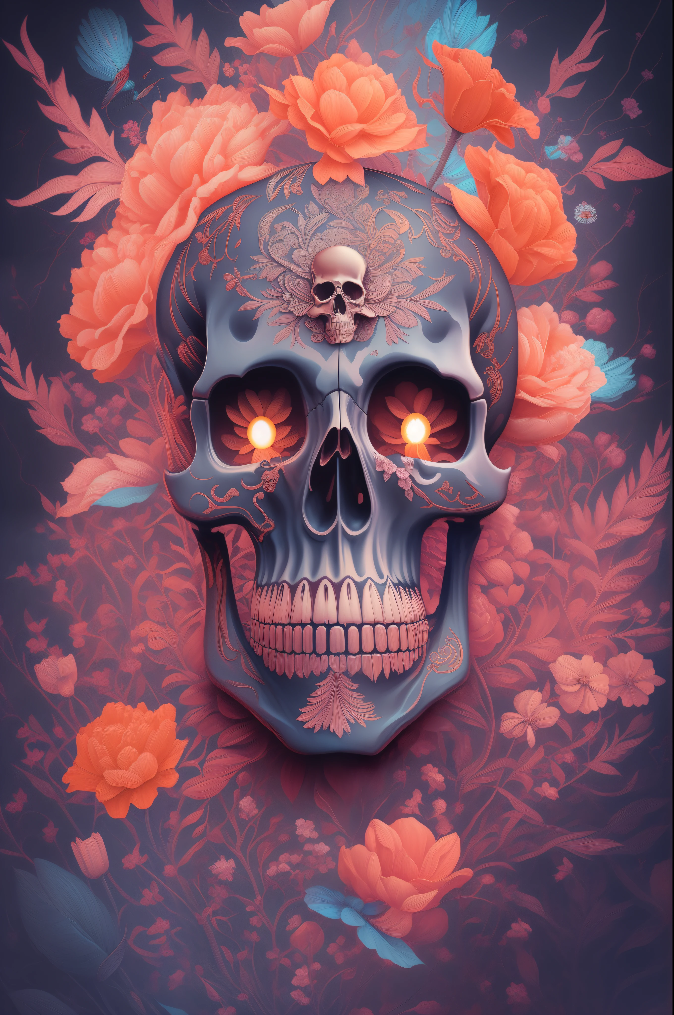 skull with flowers and a skull face in the middle of a painting, jen bartel, fantasy skull, 4k detailed digital art, sacred skull, beeple and james jean, 4k highly detailed digital art, highly detailed digital painting, background artwork, highly detailed digital artwork, scary color art in 4 k, intricate digital painting, beautiful art uhd 4 k