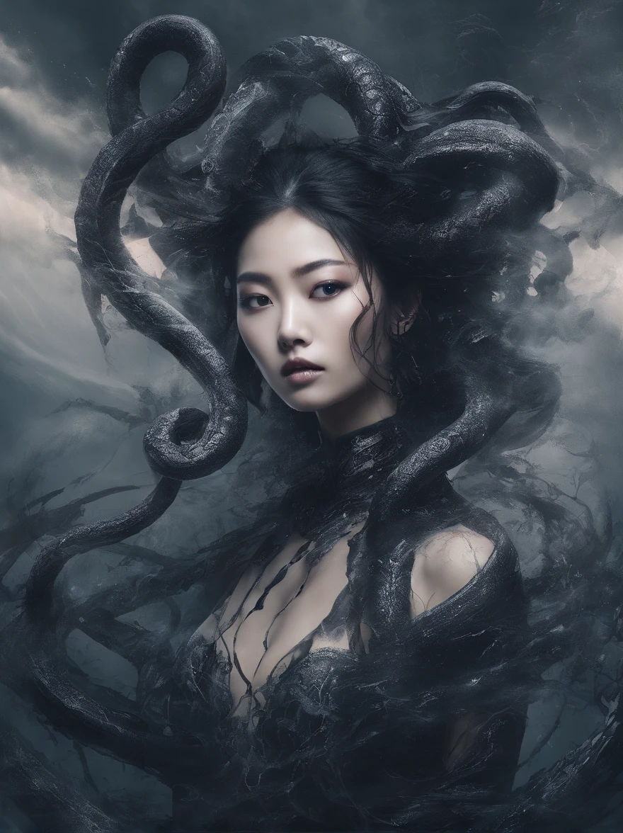 (masterpiece), scary, dark, spooky, underwater foggy liquid swirling void, best quality, front view, demonic, asian 18 yo teenage girl liu wen, shaved eyebrows, with large black ram horns, , a large serpent and slimy tentacles wrapped around her shoulders. moody dramatic lighting, stormclouds, rainstorm, lightning, smoky swirling fog environment, ambiguous smoke background, wide-angle shot, wide-angle shot, dramatic angle, extreme angle shot, vignette, surreal nightmare,